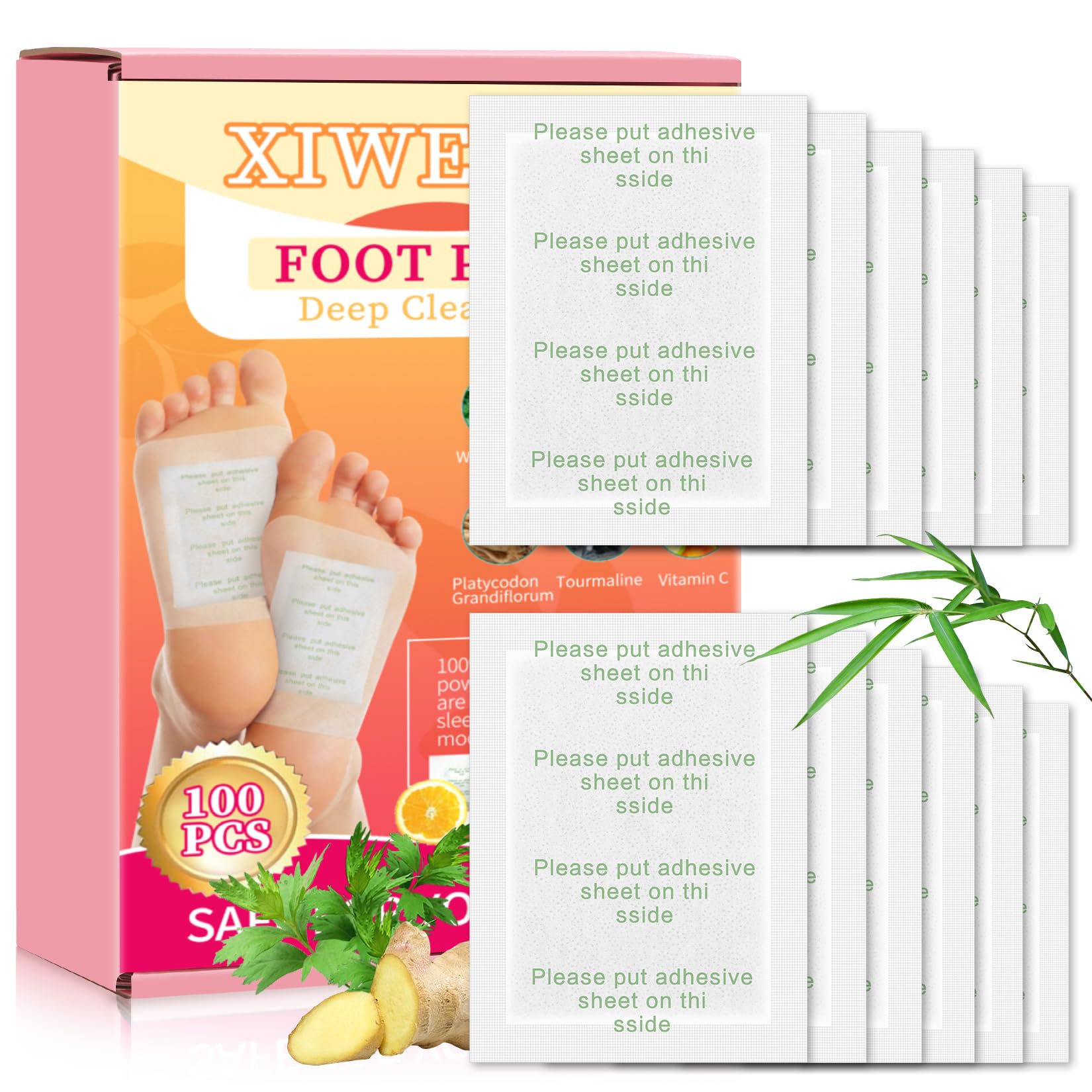 100 PCS Foot Pads, Ginger Premium for Message Deep Cleansing Paches for Stress Relief, Rest, Foot Care Patch, Natural Bamboo Vinegar Wormwood Powder Natural Bamboo Boost Energy