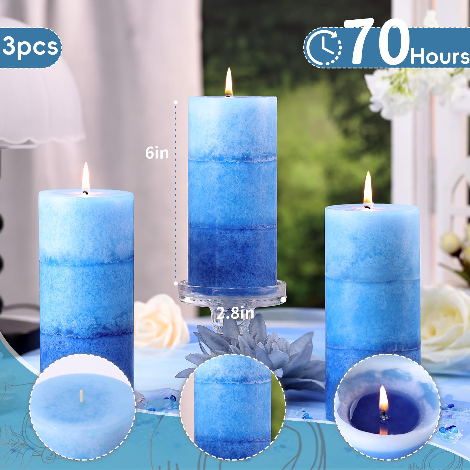 Blue Ocean - Candele cilindriche profumate, 7,1 x 15,2 cm, atossiche, 210 ore, a lunga durata, senza fumo, per decorazione della casa e matrimonio, confezione da 3