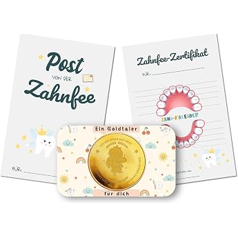 MilaBoo Zahnfee Gift Children I Golden Lucky Coin with Certificate & Tooth Certificate I Gift Set for Girls & Boys for Tooth Transfer Tooth Fairy Lucky Coin
