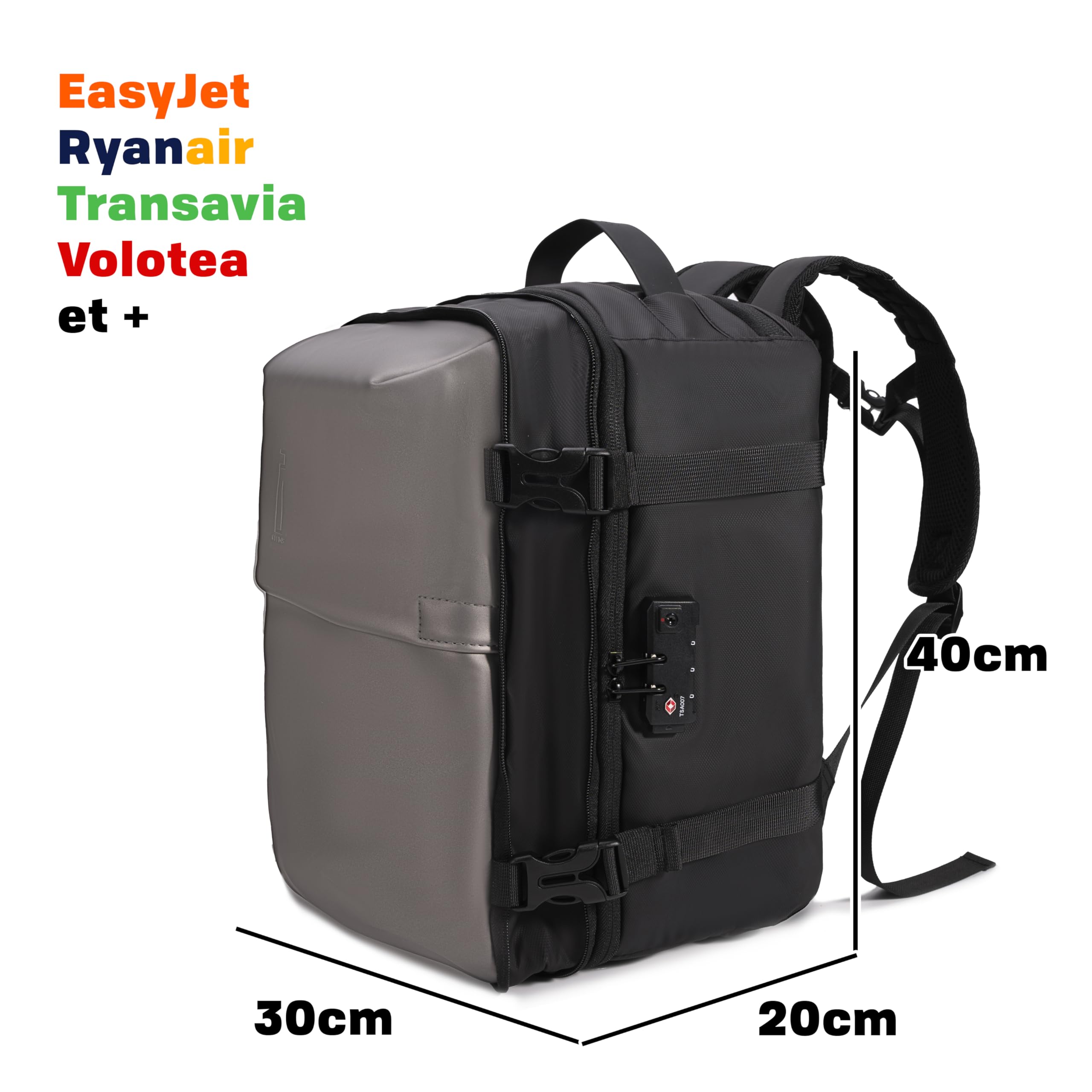 CELIMS Ryanair, Transavia, Volotea, Easyjet y + – Maleta de cabina de 40 x 30 x 20 cm | con Trolley, al vacío AirPlus by Candado TSA | Equipaje cabina | Bolsa de avión para ordenador portátil, gris