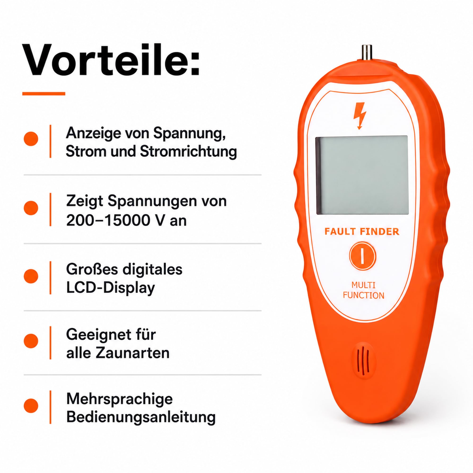 MINGYA Weidezaunprüfer & Fehlersuchgerät mit Hintergrundbeleuchtung, 15kV Digitaler Zaunprüfer Spannungstester 200V–15.000V, Orange