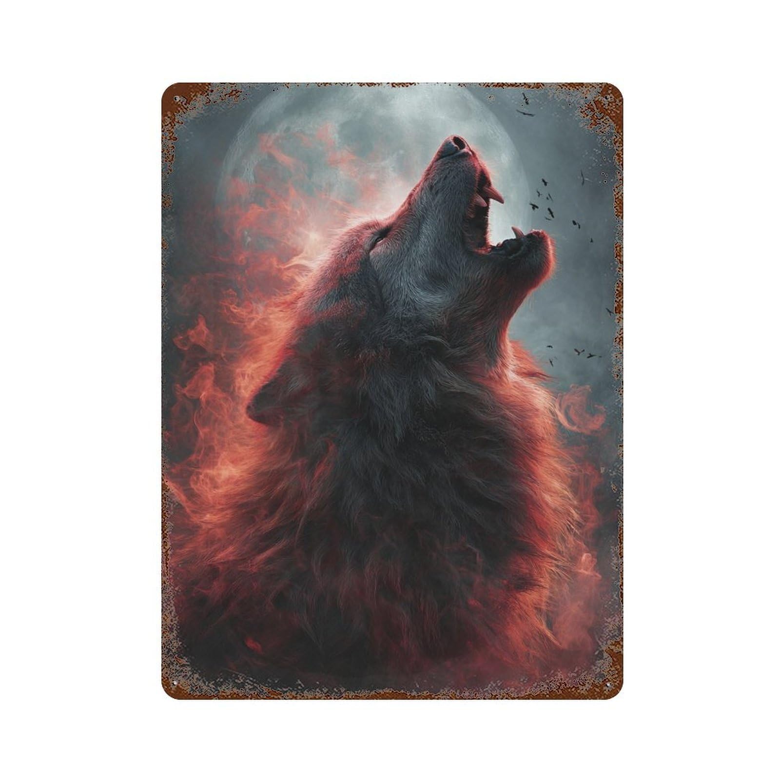 Wolf Howling at Full Moon 15.7"x11.8" Rustic Tin Plaque, Retro Wall Decor for Garage, Bar And Workshop Decor
