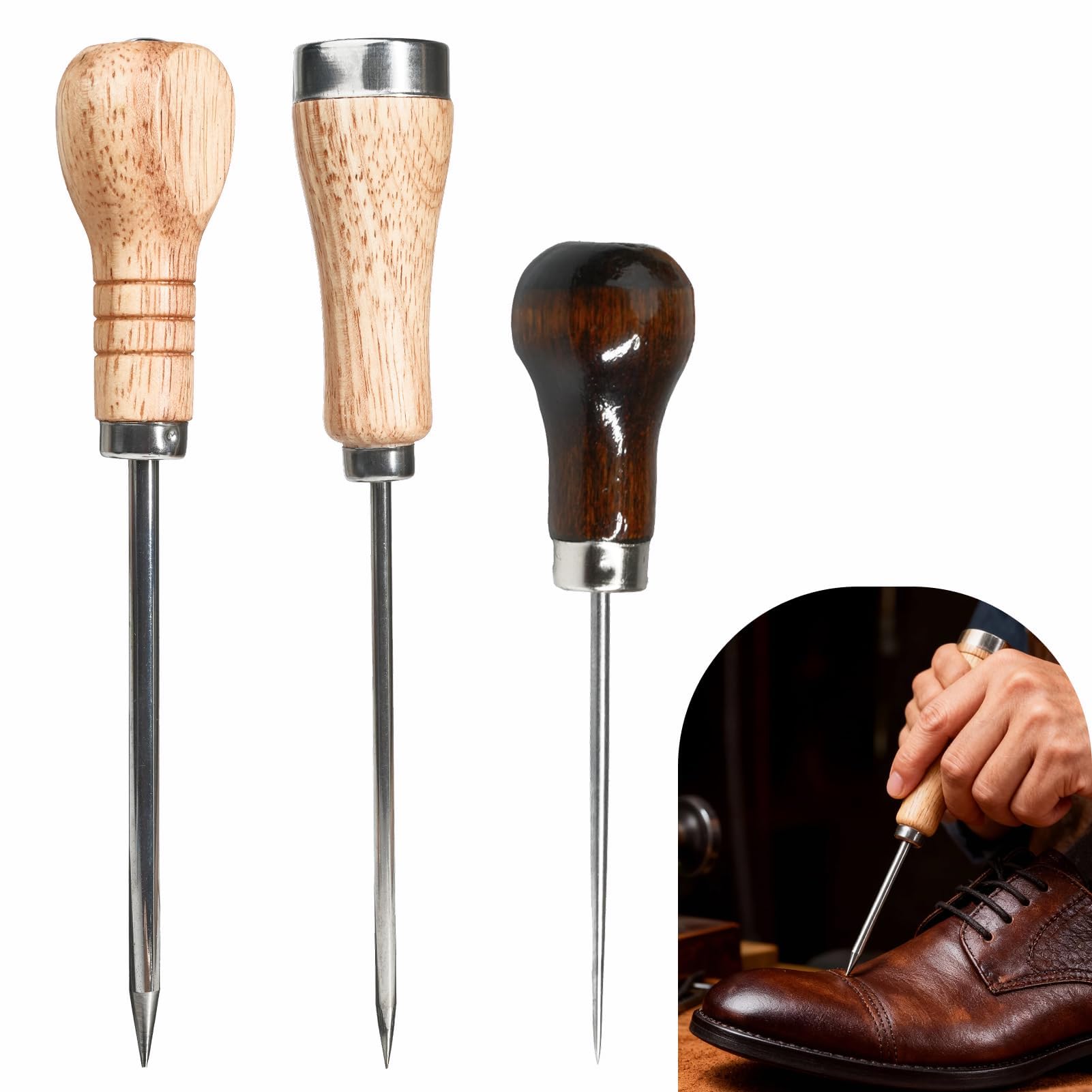 Lynqvor 3PCS Bradawl Tools and Ice Picks Set, Stainless Steel Awl with Wooden Handle, Durable Ice Breaker for Bar, Kitchen, Woodworking, Leather Craft, DIY, Cobbler Work, and Bartender Use