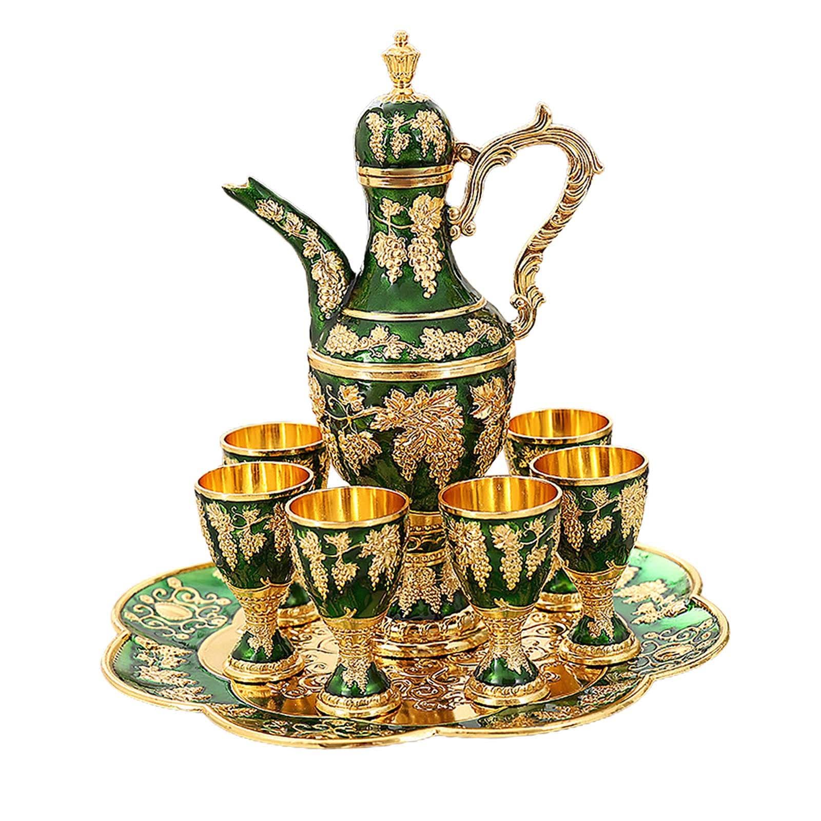 Europäisches Weinset mit Tassen,Tablett und luxuriöser Vintage-Teekanne,Goldgrün, Gold Grün