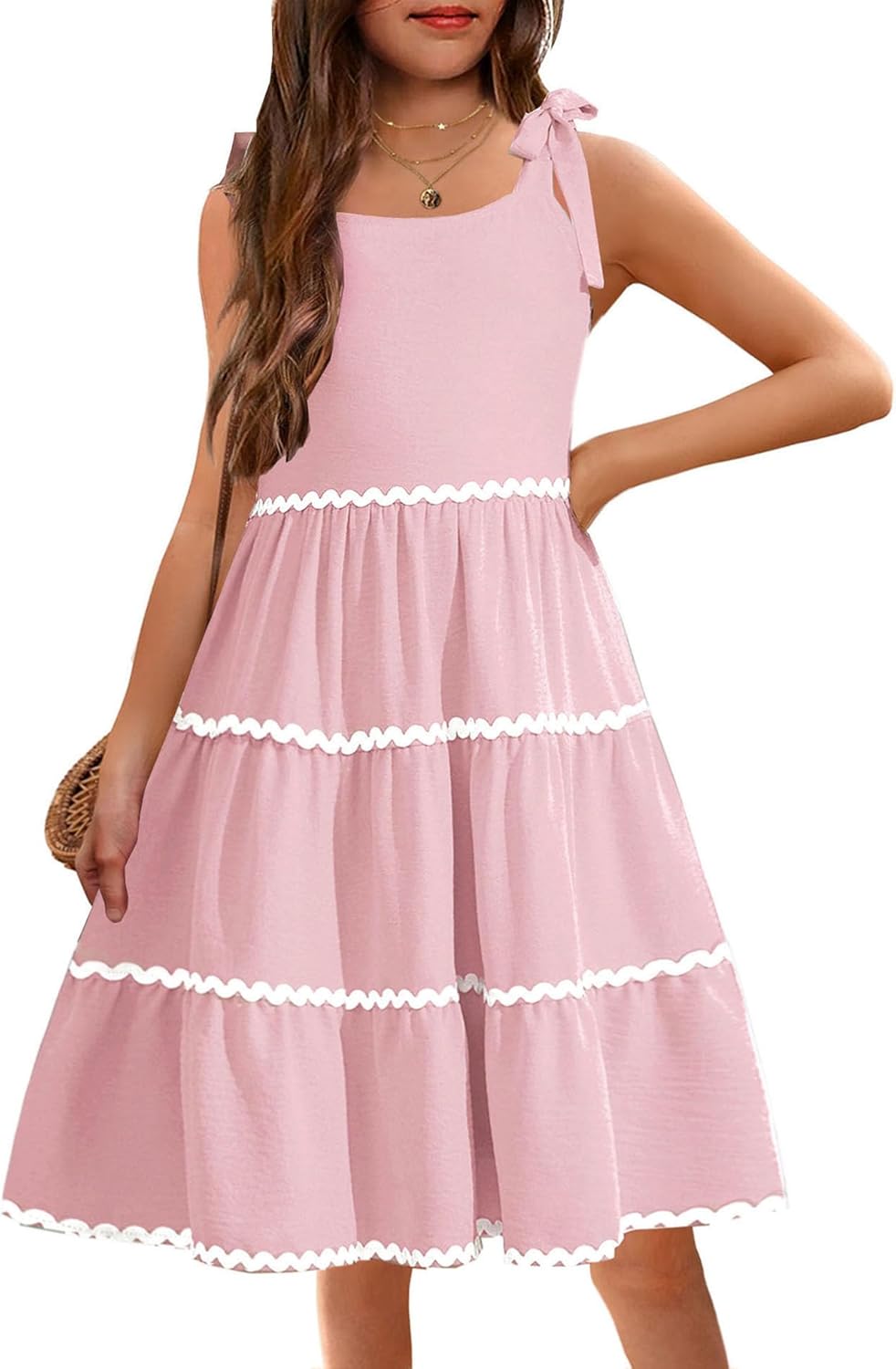 Arshiner Girls Summer Sleeveless Bow-Tie Straps Sundress Flowy Smocked Backless Tiered Lace Swing Midi Dress with Pockets