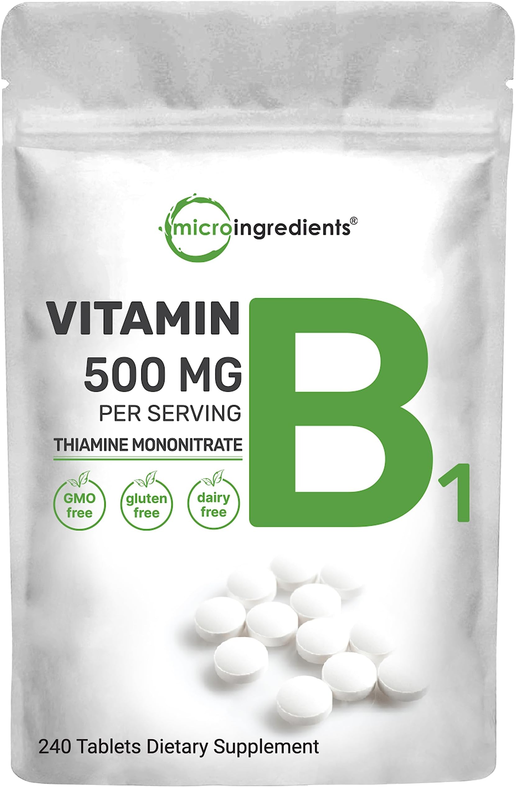 Micro Ingredients Vitamin B1 Supplement, Vitamin B1 500mg Per Serving, 180 Tablets, Support Metabolism and Healthy Nervous System, Non-GMO, Easy to Swallow
