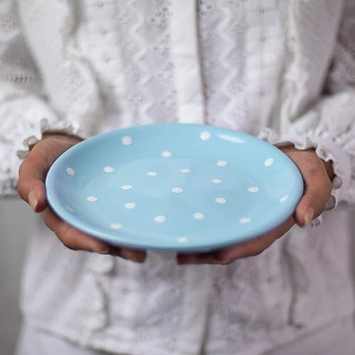 Miniatura 5 de City to Cottage Plato lateral hecho a mano de cerámica azul cielo y blanco esmaltado de lunares de 7.9 pulgadas, plato de postre, vajilla de
