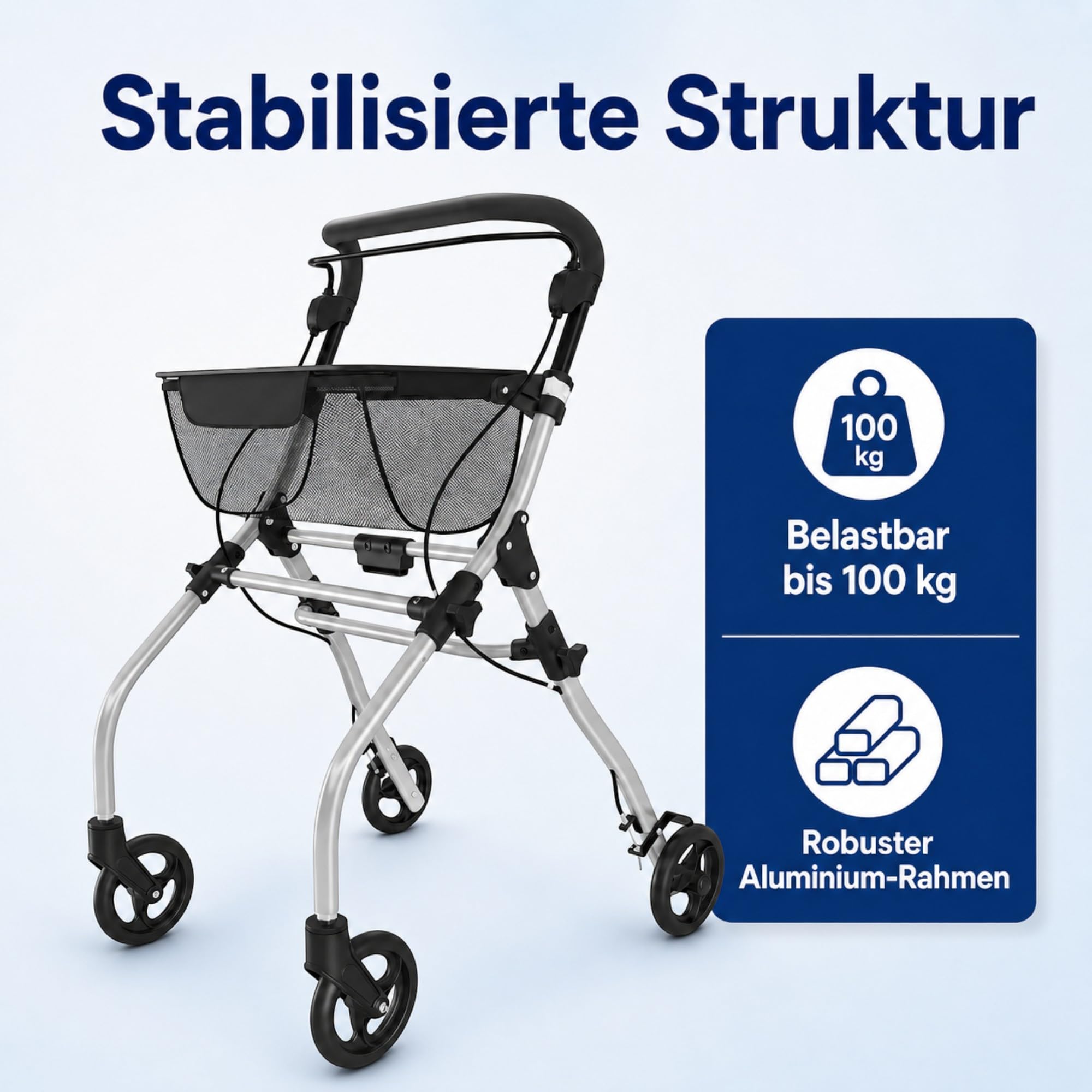 Weinberger Rollator schmal für Wohnung | 60 cm breit, faltbar, leicht, Tablett & Korb | Wendiger & höhenverstellbarer Indoor Wohnungsrollator klappbar | Gehhilfe, Laufhilfe für Senioren Schwarz/Silber