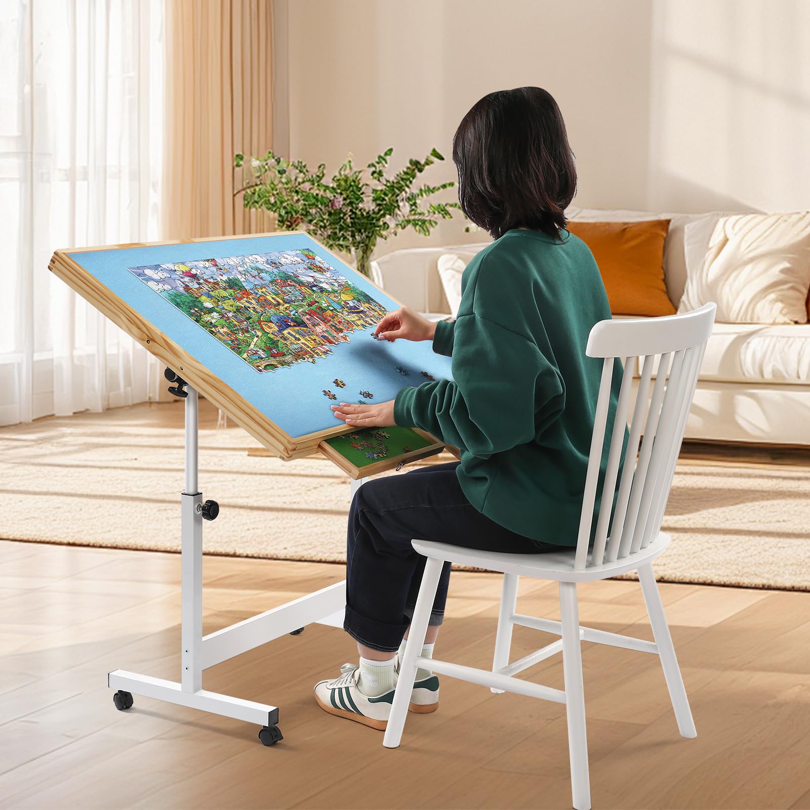 WESTHL Wooden Jigsaw Puzzle Folding Table for Adults,Jigsaw Puzzle Storage Tilting Table with Wheels & Cover,Portable Board for Games,Gift for Amateur (Blue 1500 Pcs with 2 Drawers)