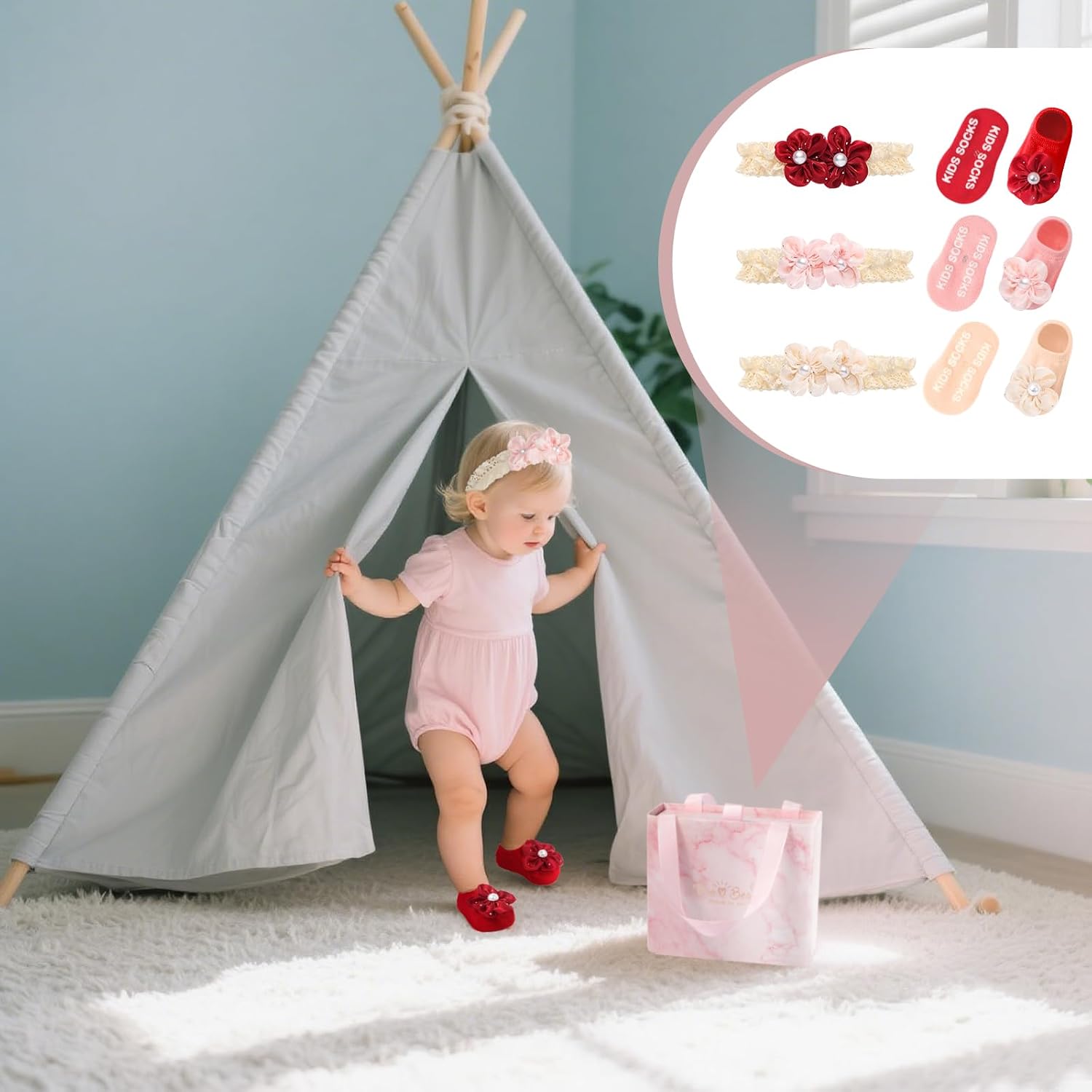 LIZISHU Baby Girls' Headband Socks Set Soft Floral Headwear + Non-Slip Socks for 0-12 Months Infant Newborn Toddler Photo Prop (red+pink+beige)