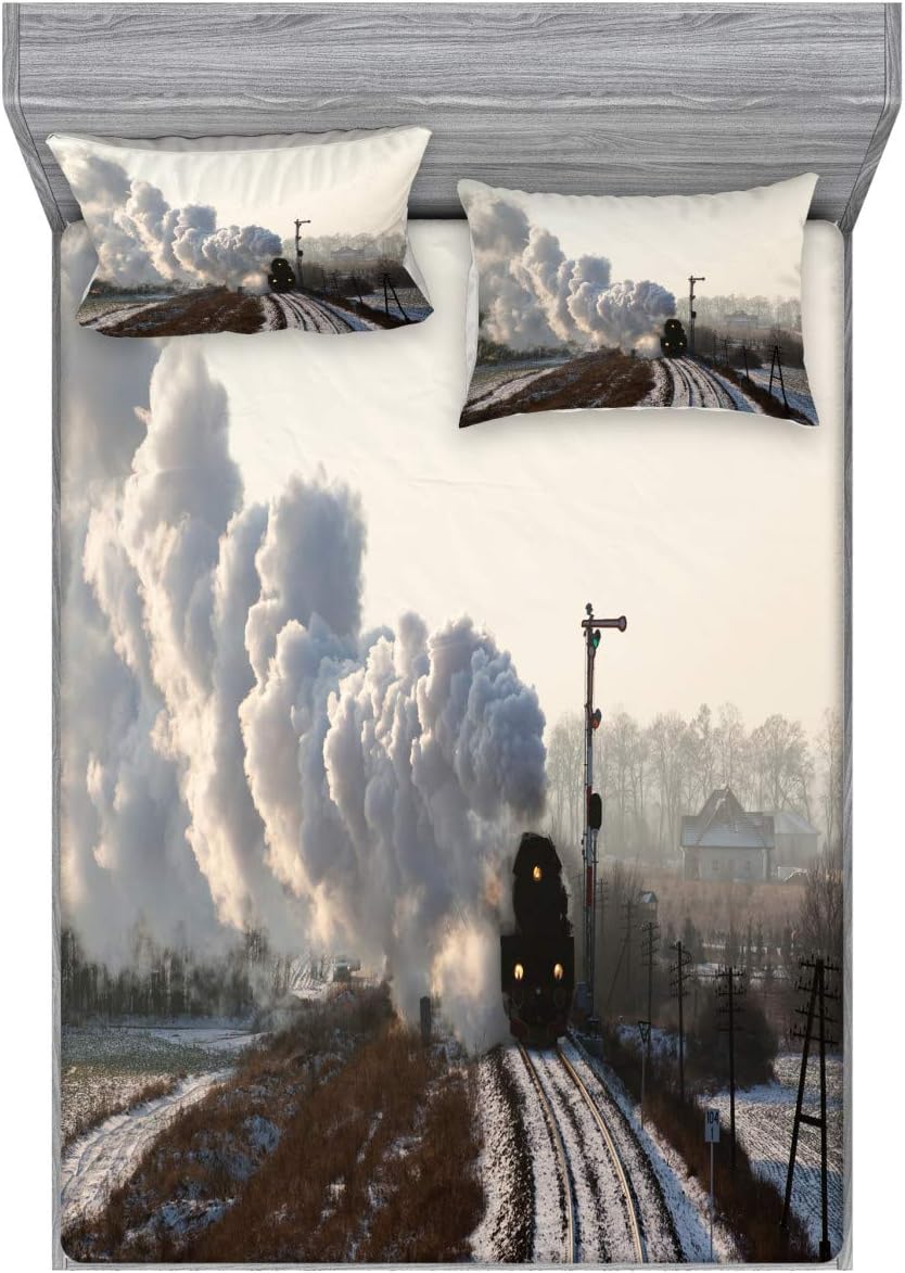Ambesonne Steam Engine Fitted Sheet & Pillow Sham Set, Train on Rails Winter Snow Landscape Steel Industrial Theme Rural Town Print, Decorative Printed 3 Piece Bedding Decor Set, Queen, Dimgrey