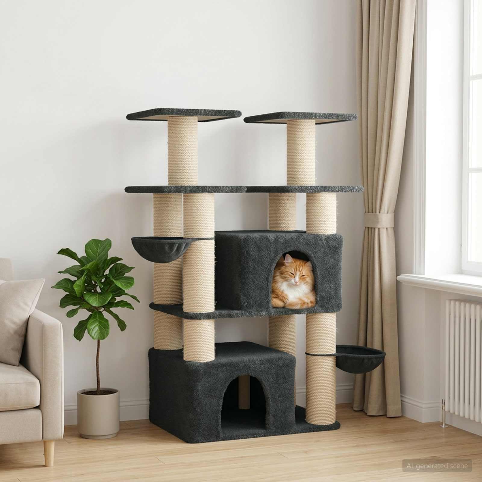 Juego de 2 árboles para gatos con pilares rascadores de sisal, gris oscuro, 147 cm | Torres de escalada de dos pisos para el salón con acogedora cueva y robustos troncos de sisal para el cuidado de las garras.