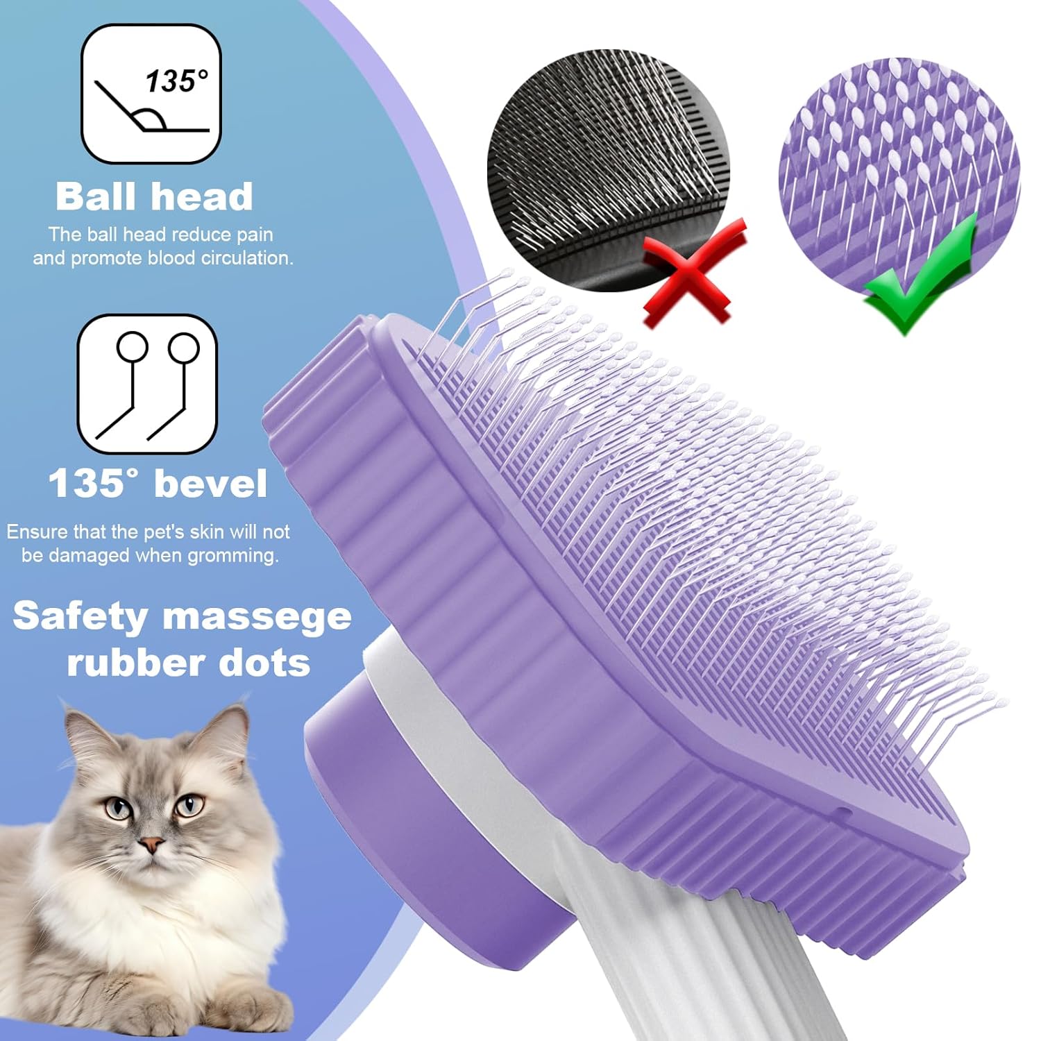 Cat brush, Cat Brush for Long or Short Haired Cats, Remove Loose Fur and Mats, Rounded Pins Reduces Painful Pulling, Not for Tangle and Curly Fur, Violet