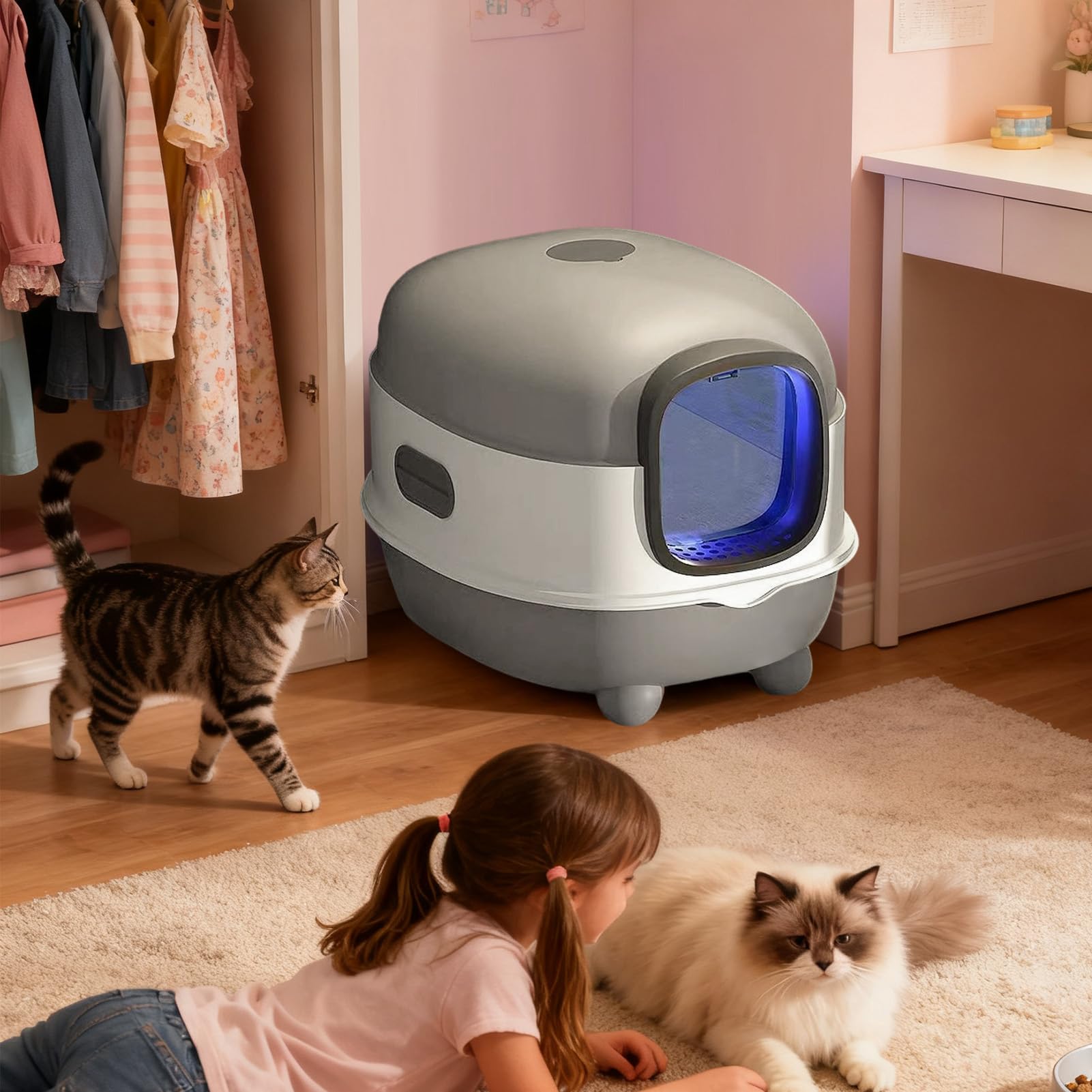 Lettiera autopulente per gatti, lettiera automatica per gatti con paletta e lampada UV, design aperto, grande capacità, per gattini piccoli, medi e grandi, balcone, terrazza, giardino, appartamento