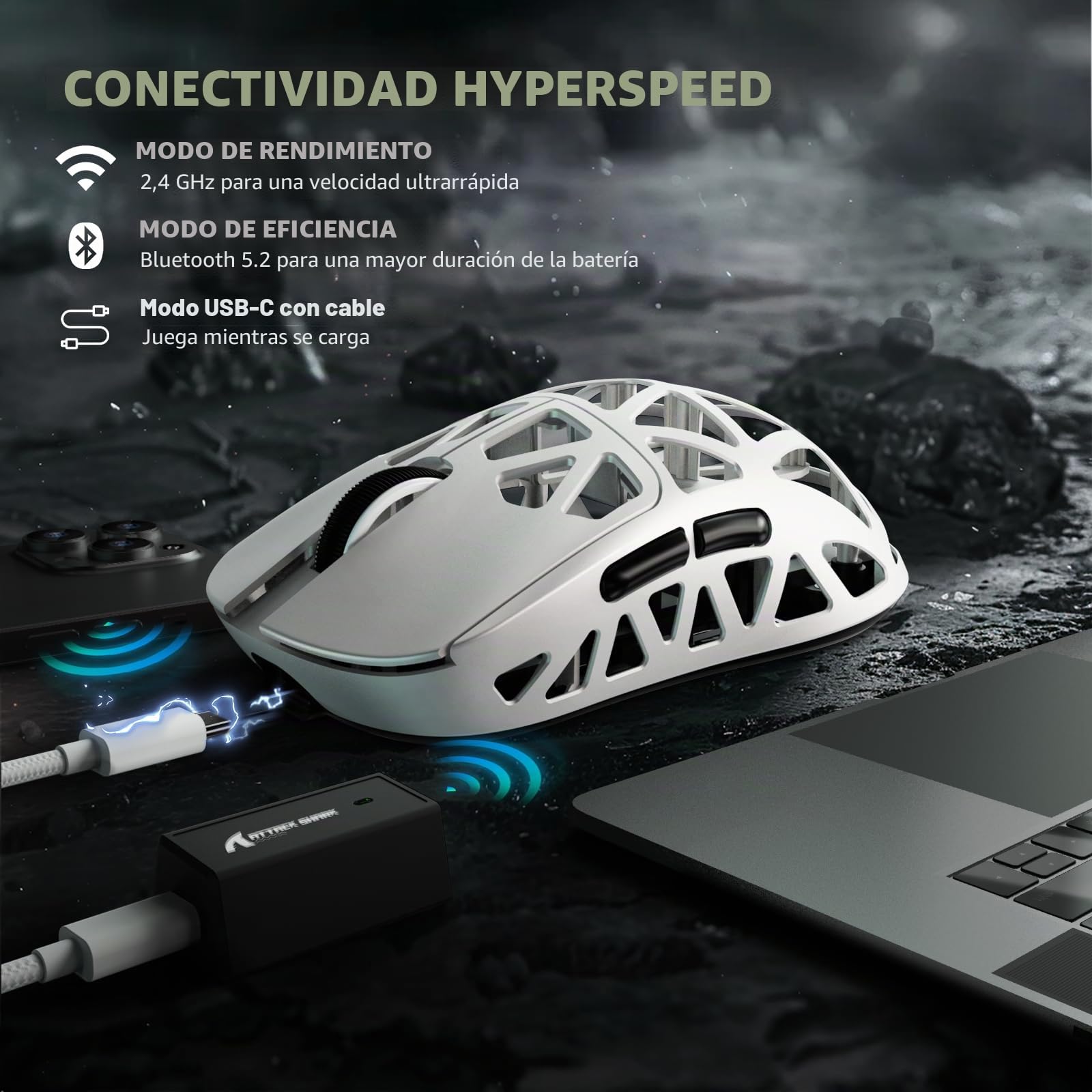 ATTACK SHARK R2PRO 45g Superlight Ratón de Aleación de Magnesio, Sensor PixArt PAW3950, 42000DPI Ultraligero Mouse, 8000Hz Sondeo inalámbrico, Cableado/2,4G/BT, con Cable en Espiral, PC/Mac, Blanco