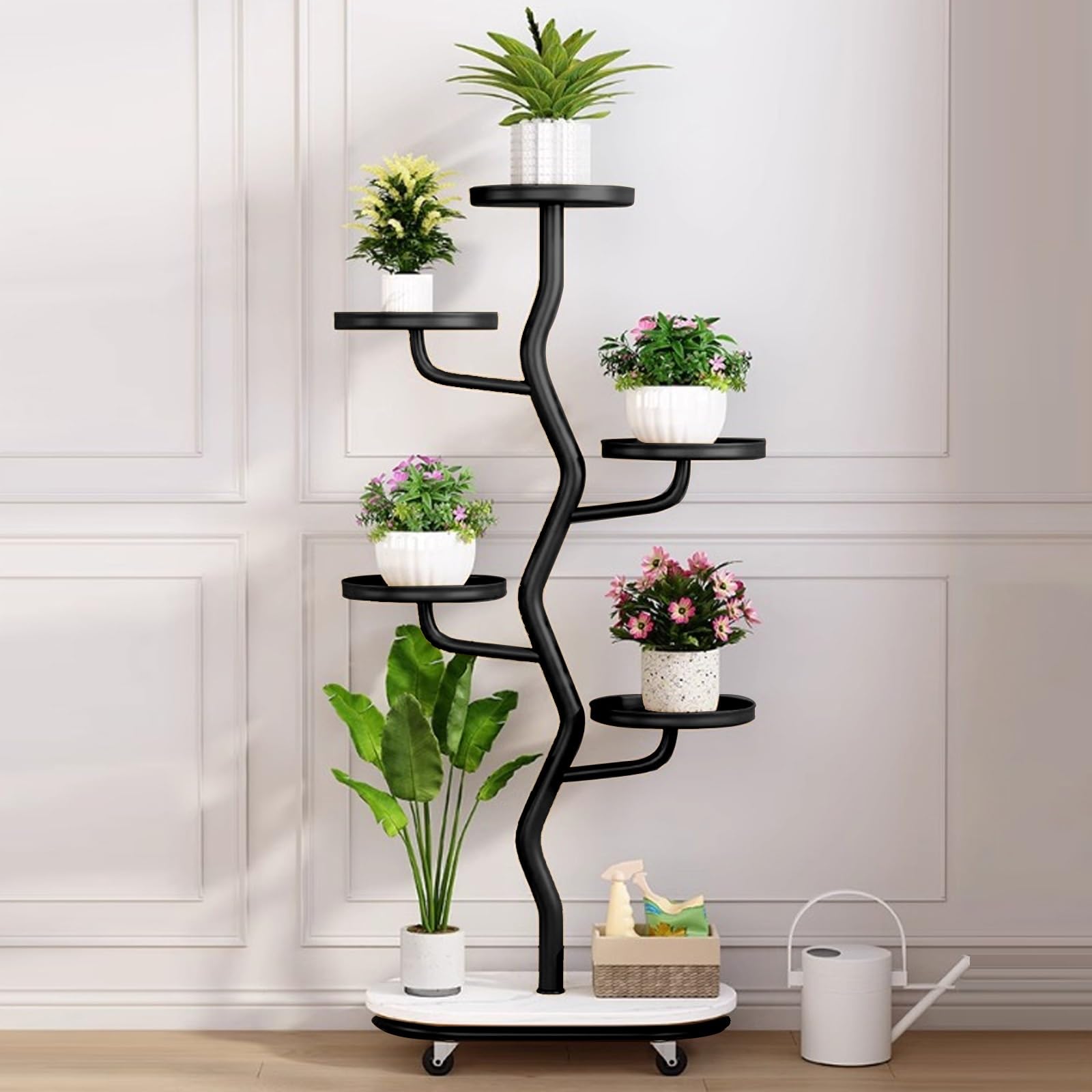 YUANCHUTOP 6-Tier Metal Plant Stand on Wheels - Tall Indoor Flower Shelf for Home Décor, Multi-Plant Display Rack, Stylish Black Metal Planter, Perfect for Corner Spaces