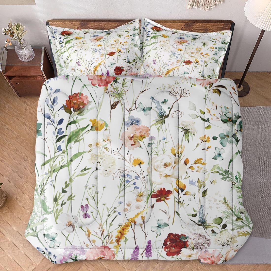 Queen Size Comforter Set with 2 Pillowcases, Wildflower Flower Floral 3 Pcs Bedding for Kids and Adults, Boho Watercolor Butterfly Soft Comforter Set for Bedroom Bed Decor - Image 2