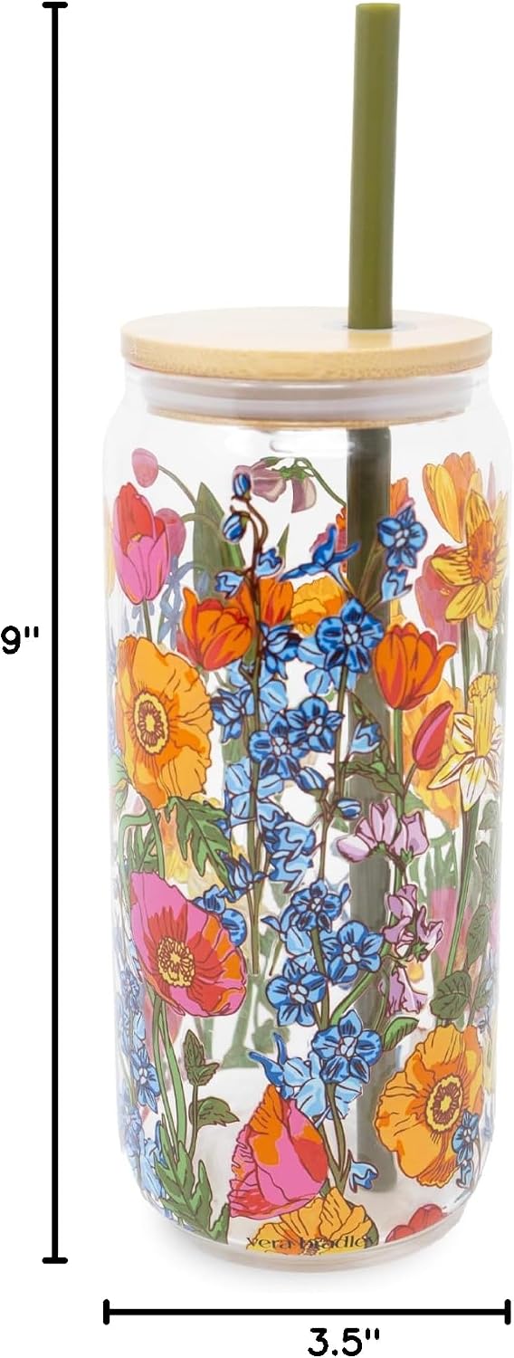 Vera Bradley Glass Tumbler with Straw and Lid, 20 oz Ice Coffee Cup, Cute Glass Cup with Bamboo Lid (Meadow Bouquet)