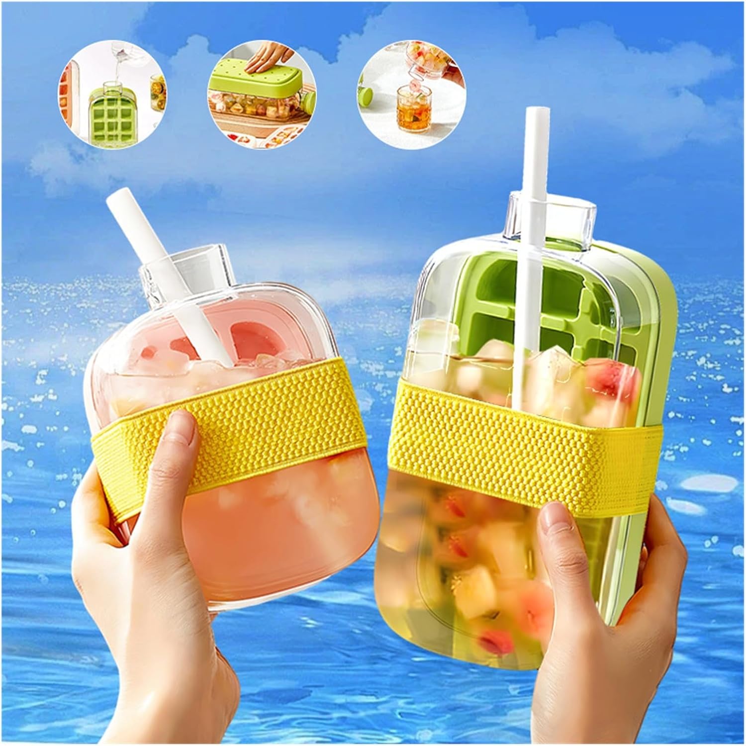 Ice Cube Bottle With Lid Pressing Mould 2-in-1 Water Reusable Summer EssentialsDual-purpose Silicone Kettle(800ml-White)