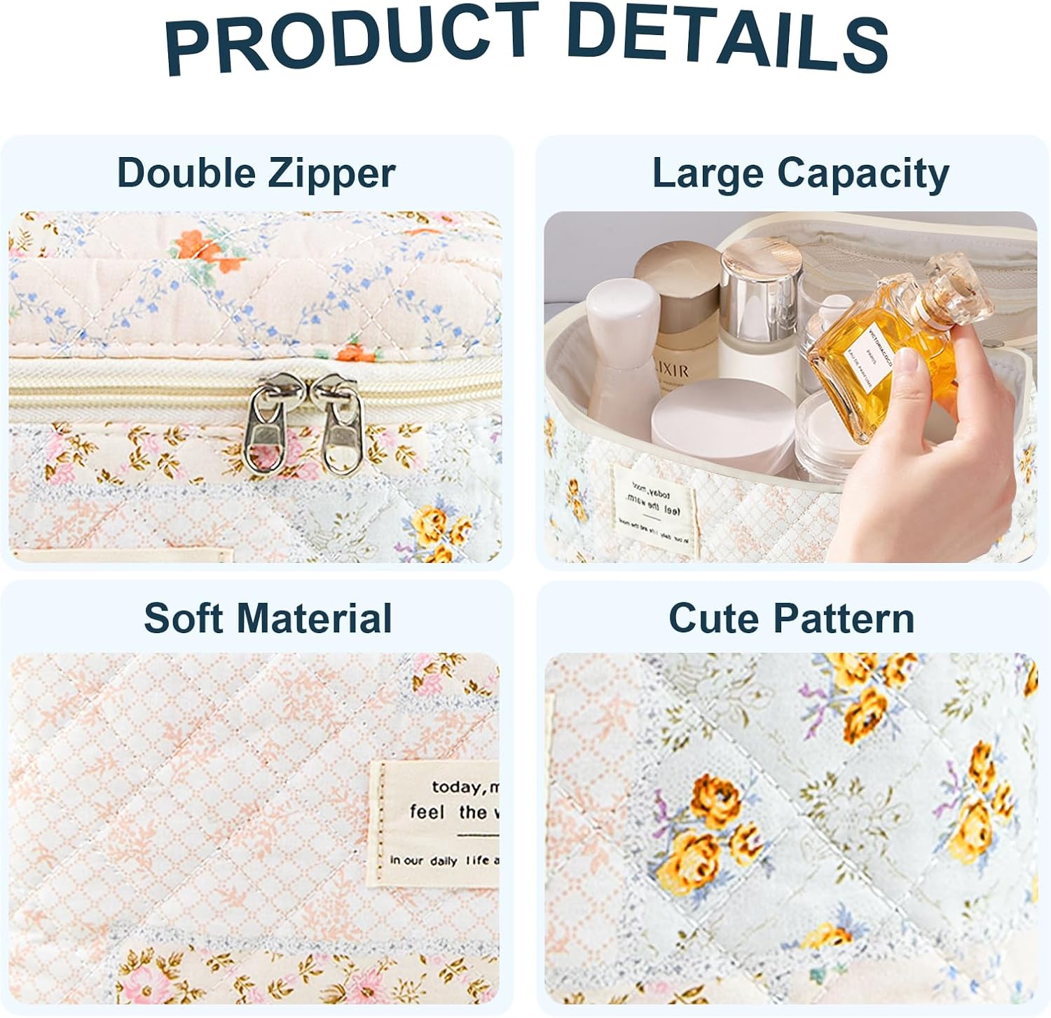 Makeup Bag, Floral Quilted Cosmetic Bag, Large Travel Aesthetic Make up Bag, Cute Coquette Toiletry Bag for Women Girls - Image 2