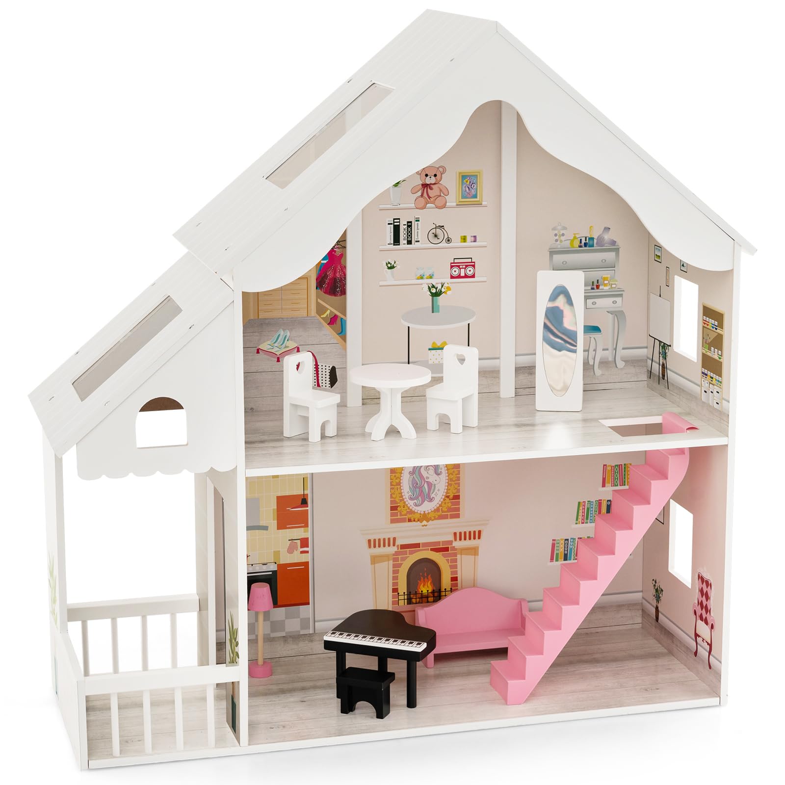 COSTWAY Kids Dolls House, Large Dollhouse with Furniture Accessories, Ladder and Skylights, DIY Pretend Doll House Playset Gift for Children, 81 x 30 x 86 cm