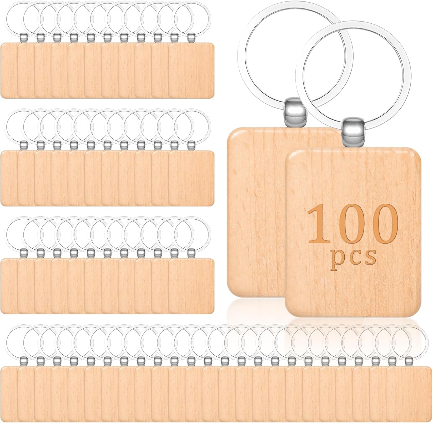 MAQUITA 100 Pcs Wooden Keychain Blanks Wood Key Chains Bulk Laser Engraving Rectangle Keychain Blanks Unfinished Wooden Key Ring Tag for DIY Gift Crafts