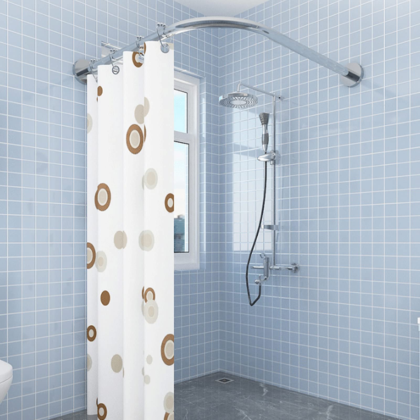 Barre de Douche en Nickel brossé antirouille, Barre de Douche courbée et réglable en Forme de L, sans perçage, Extensible, à Tension, fixée au Mur pour Salle de Bain