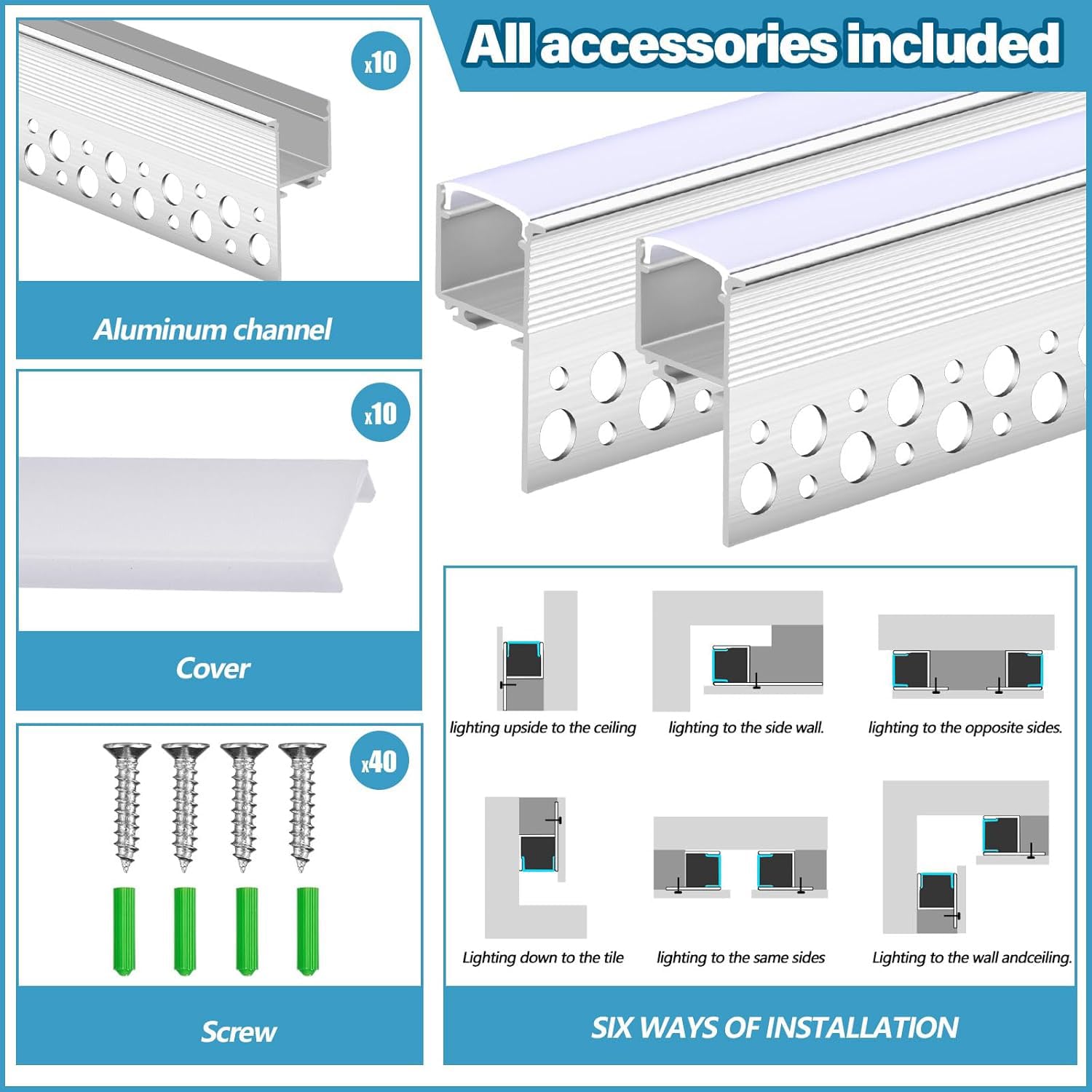 10 Piezas Perfil Aluminio Tira LED 1m, Perfil de Aluminio para Riel LED Empotrado Sin Marco, Difusor Tira LED (Blanco)