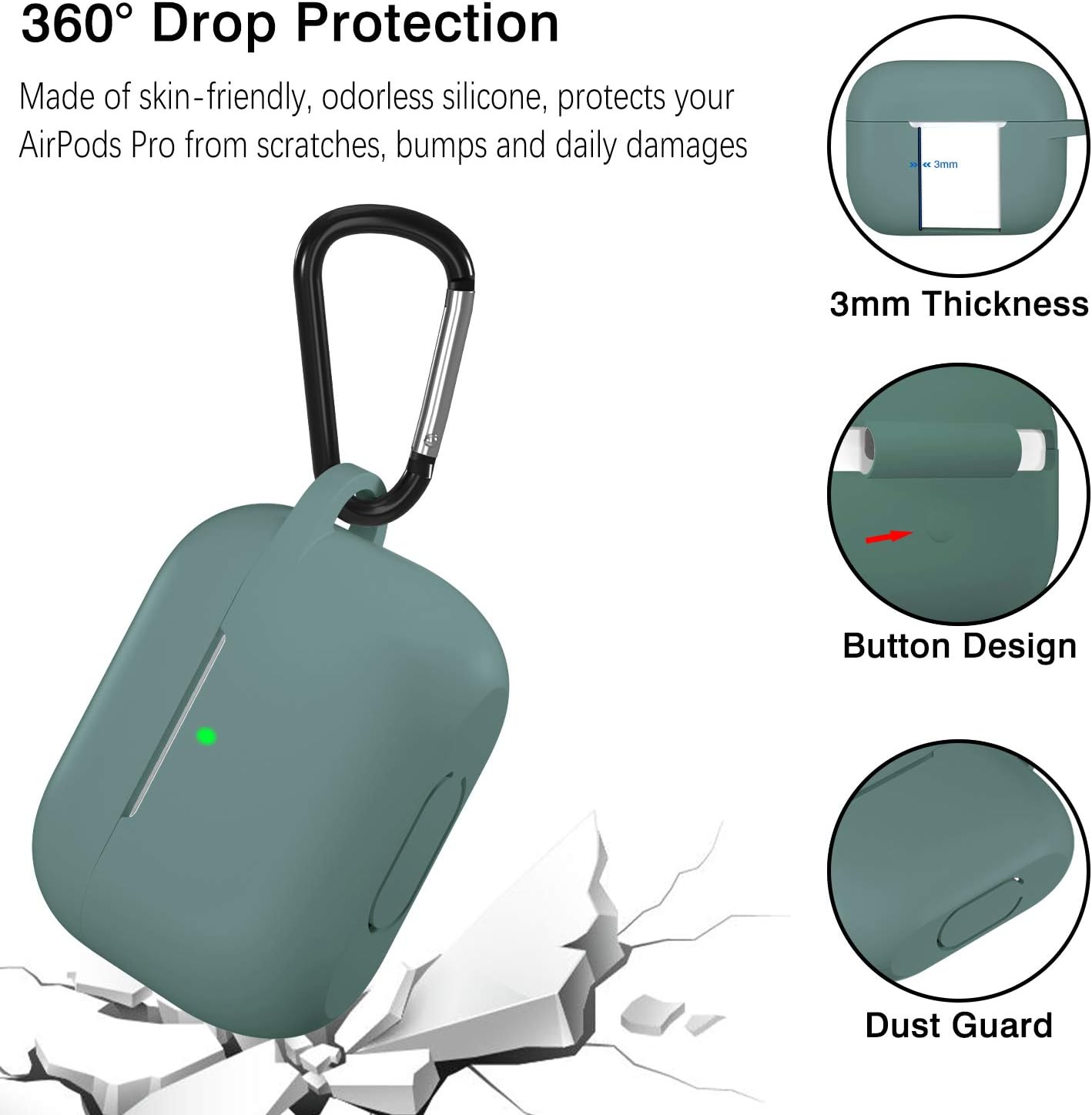 GEAK Compatible with AirPods Pro Case [Front LED Visible], Shockproof Silicone Protective Cover for AirPods Pro 2019, Pine Green