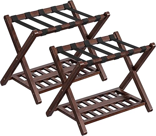HOOBRO Portaequipajes, juego de 2 soportes de bambú para maleta, portaequipajes plegables, correa de nailon con parte superior, para habitación de