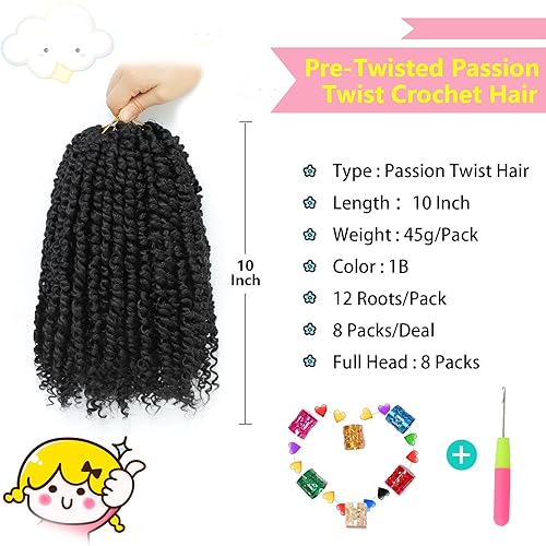 Miniatura 2 de Fulcrum Cabello Passion Twist de 10 pulgadas, 8 paquetes de cabello de ganchillo Passion Twist para mujeres negras, cabello pretrenzado de ganchillo