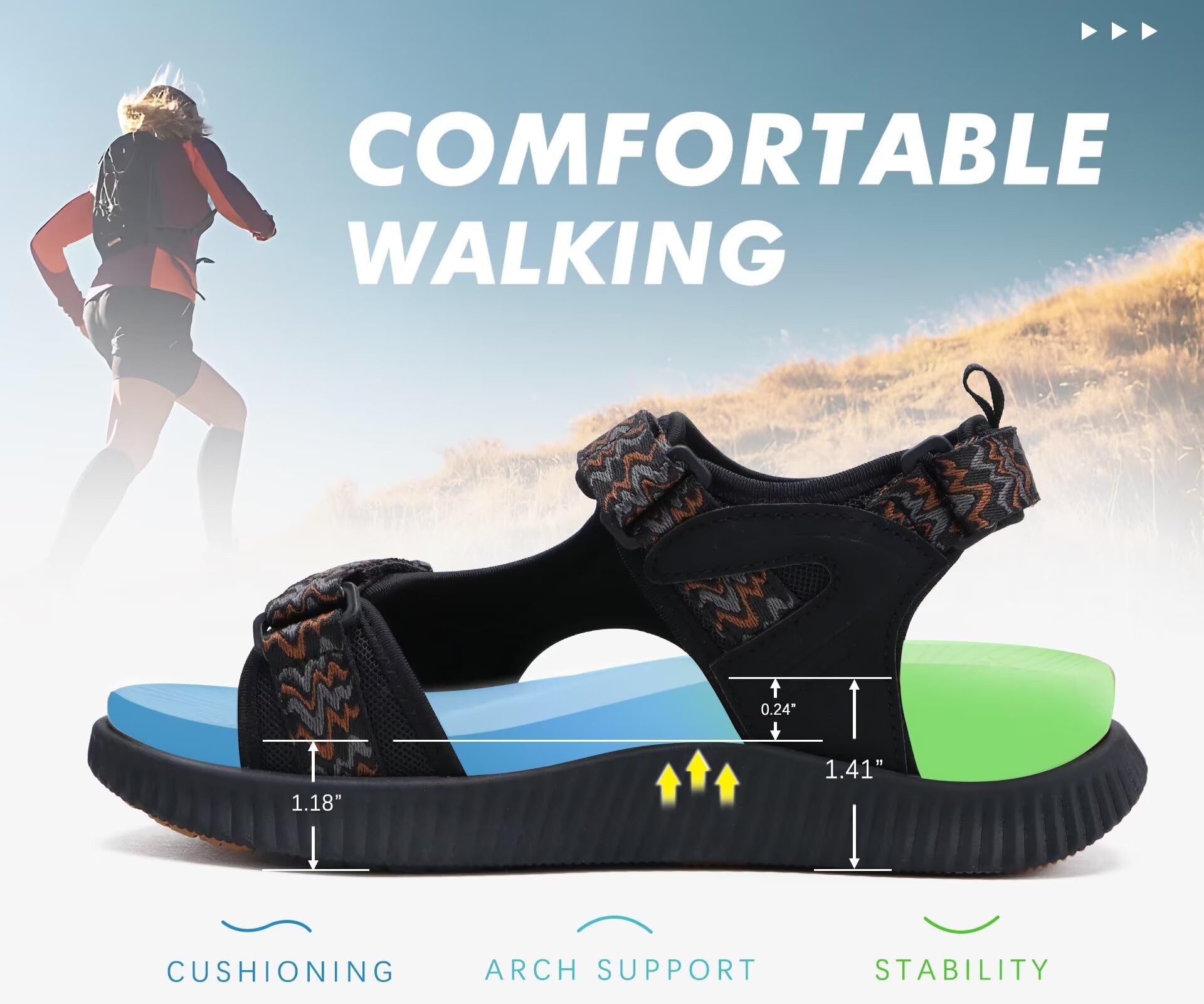 KuaiLu Sandalias Trekking Deportivas Mujer Ortopedicas Senderismo Sandalias | Comodas Caminar Fascitis Plantar Verano Abierta Ligera Cuero Ajustables Antideslizantes Sandalias Montaña Negro Caqui 38.5