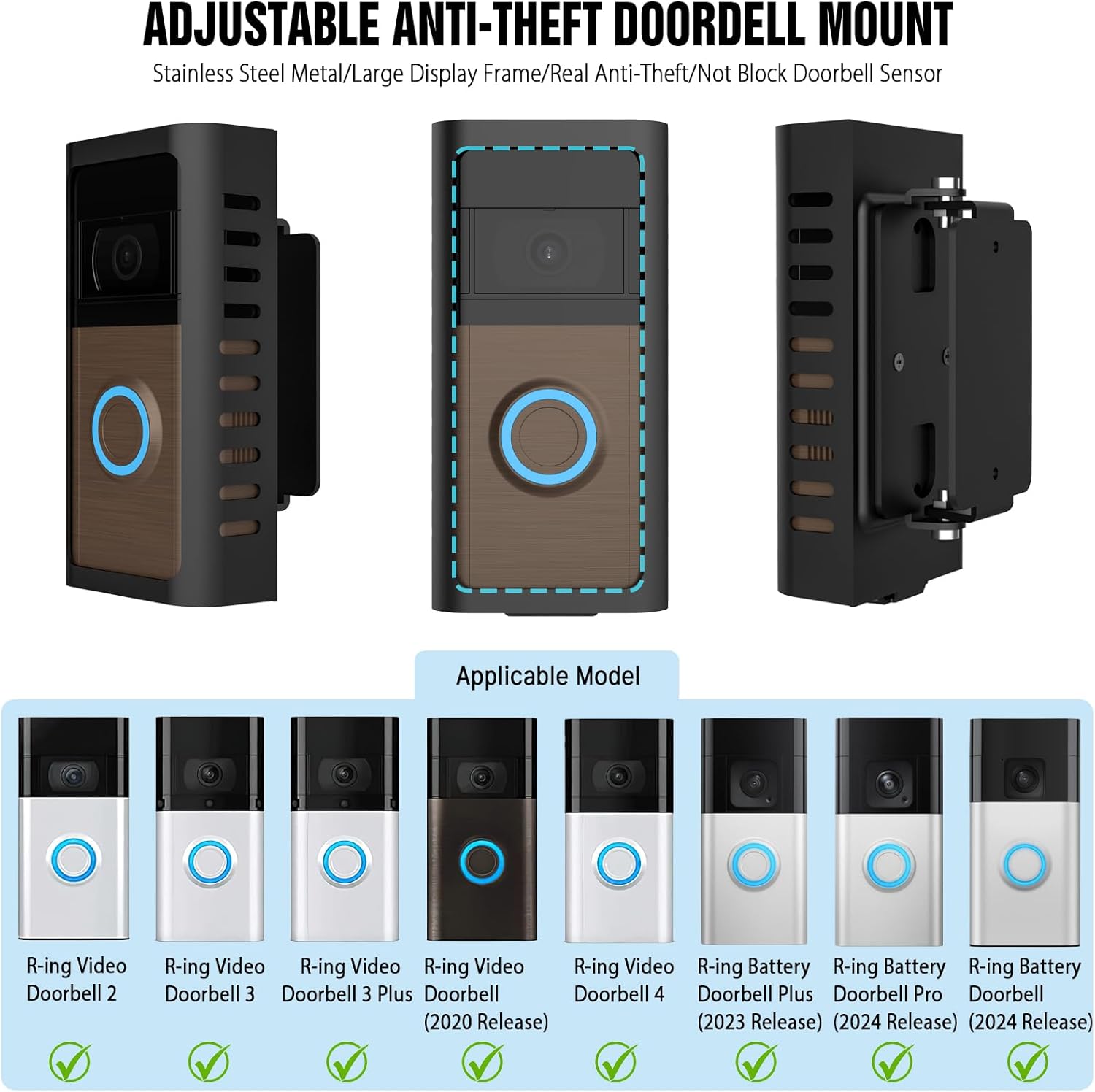 Anti-Theft Doorbell Angle Mount - 2026 New Upgraded Steel Metal Adjustable Bracket for R-ing Battery Video Doorbell 1/2/3/3 Plus/4/(2020 Release)/Plus/Pro, 360° Protection, Not Block Sensor