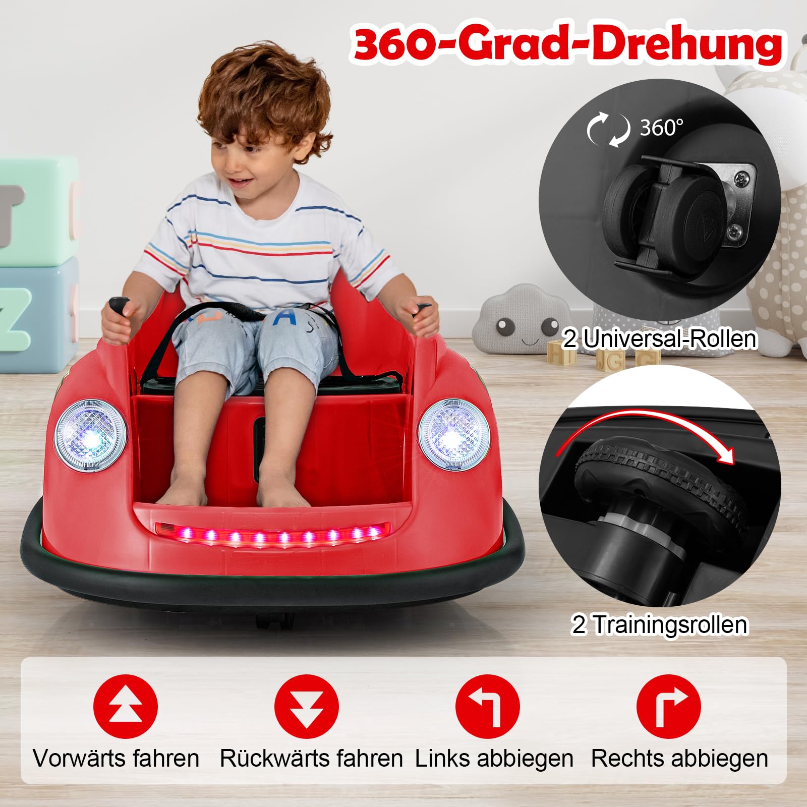 GOPLUS 12V hulajnoga samochodowa dla dzieci, elektryczny bumper z pilotem zdalnym, obrót 360°, LED, muzyka, pojazd elektryczny 2-5 lat (czerwony)