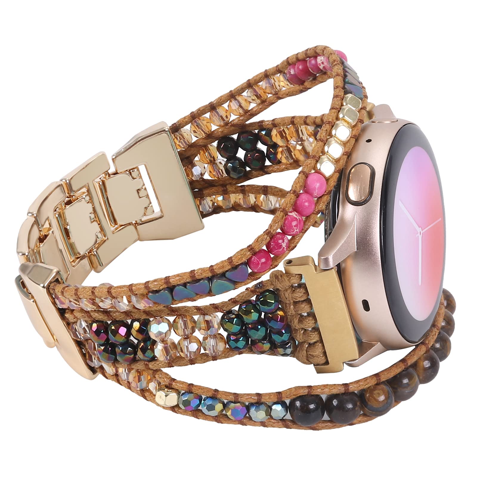20mm Boho Beaded Bracelet for Samsung Galaxy Watch 4/5 Band/Active 2 Watch Bands 40mm 44mm, Galaxy Watch 5 Pro Band, Multilayer Wraps Natural Stone Strap for Watch 4 Classic 42mm 46mm/Watch 3 41mm
