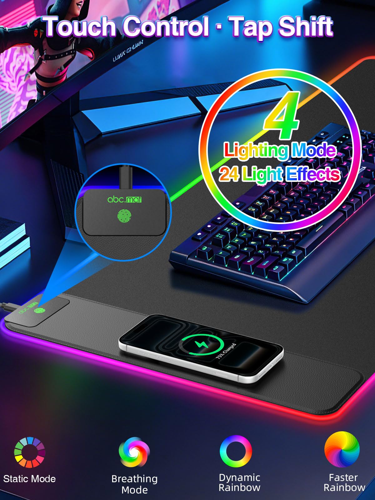 Tappetino per mouse RGB con ricarica wireless magnetica, 80 x 40 cm, grande tappetino da scrivania a LED, 24 effetti di luce, base in gomma antiscivolo, superficie ultra liscia impermeabile