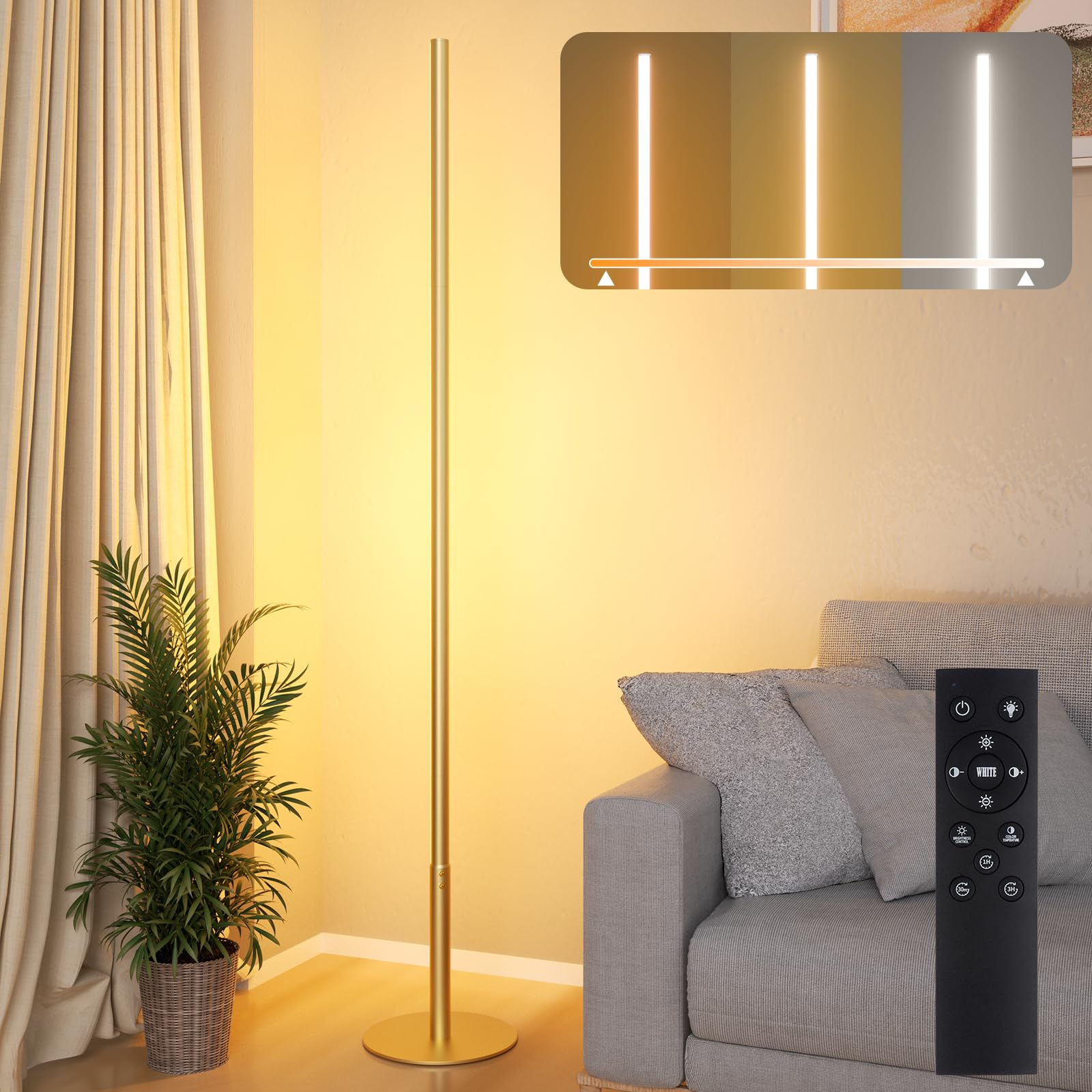 Hzitcigm Dimmable LED Floor Lamp, Living Room Corner Light with Continuous Variable Intensity and Colours 2700K-6500K, 147 cm Memory Function Light Column for Living Room, Bedroom, Gold
