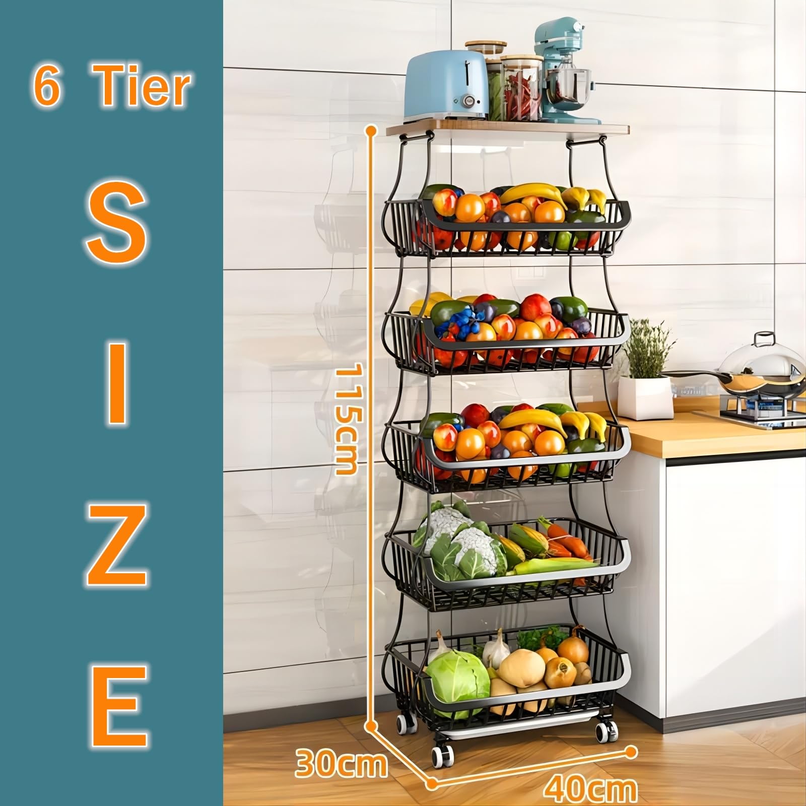 Baotkere Metal Wire Baskets with Wheels, Kitchen Organizer, 6 Tier Stackable Storage Containers, Fruit and Vegetable Trolley, Dish Rack for Bathroom, Garage and Pantry