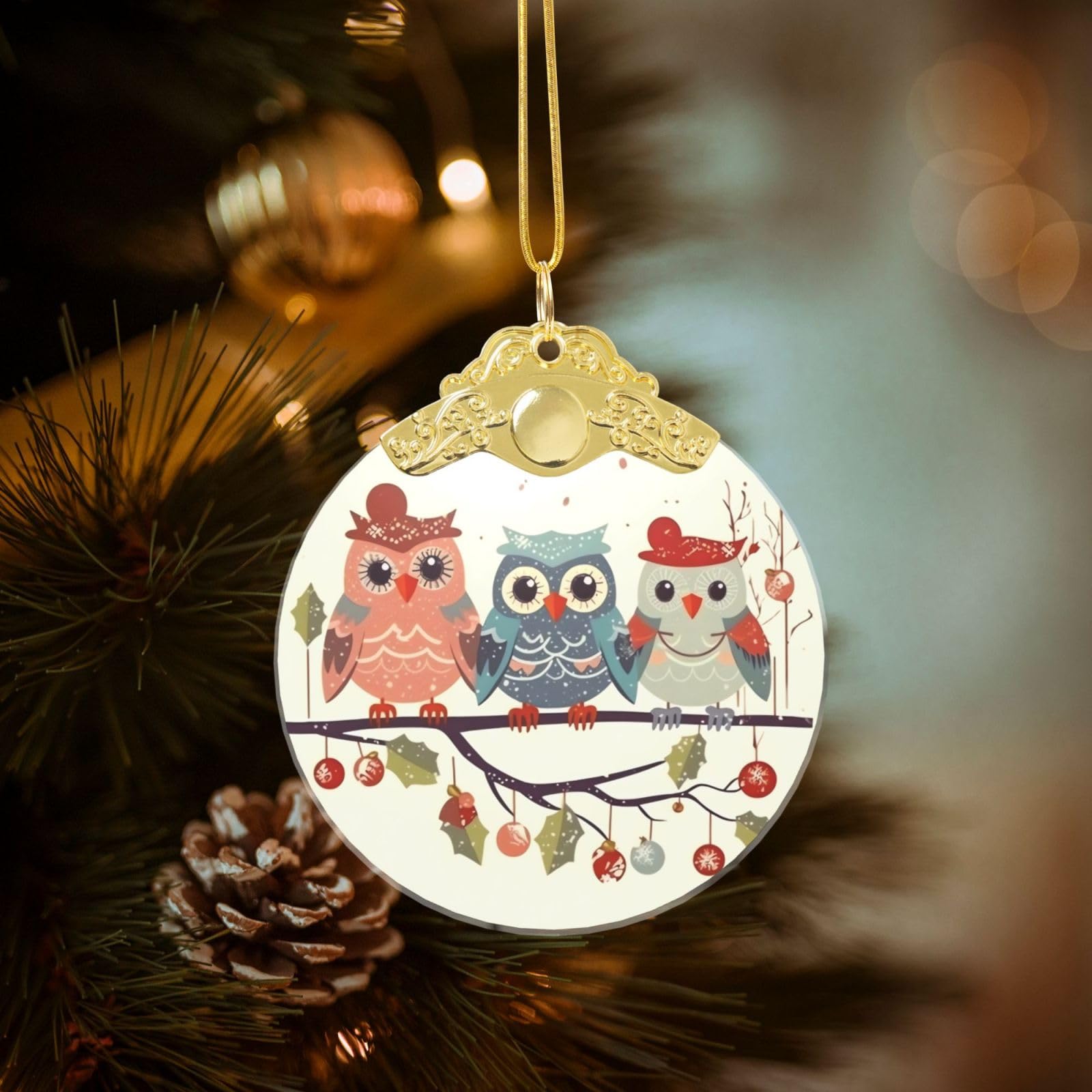 Cute Christmas Owls On Branch Christmas Ornament 2025, Round Glass Xmas Hanging Pendant for Xmas Tree Decoration,Cute Holiday Hanging Decorations Keepsake for New Year Family Party Wedding Decor
