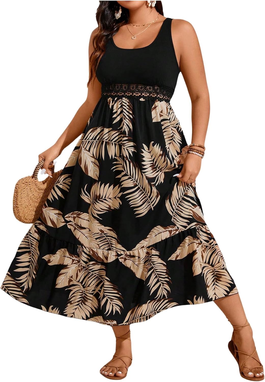 Women's Plus Size Tropical Print Ruffle Maxi Dress Lace Scoop Neck A Line Flowy Beach Vacation Dresses