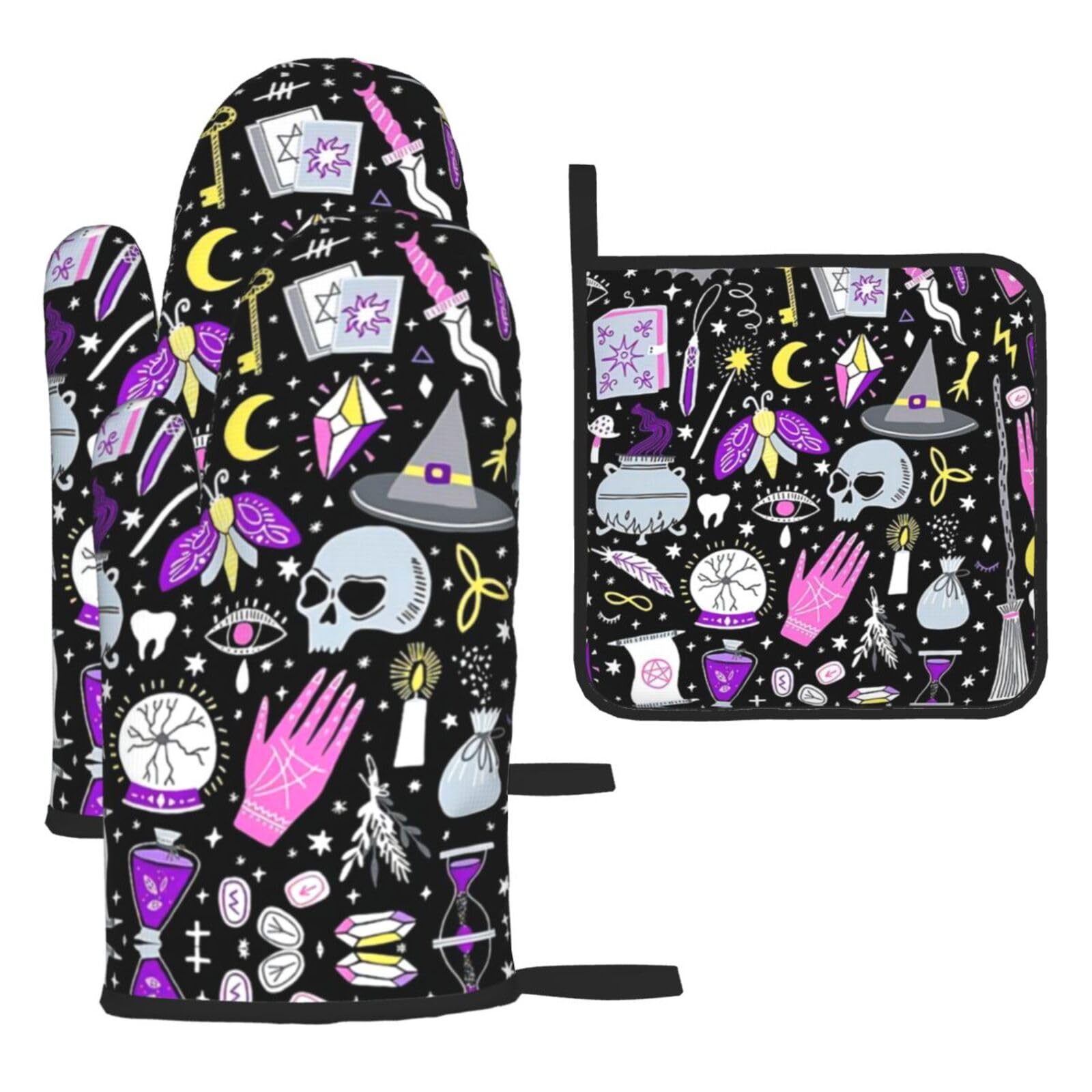 Magic Witch Witchcraft Bohemian Drawing 3 Piece Kitchen Oven Mitt Set Heat Resistant Gloves with Pot Holder Mat Polyester Printed for Cooking Baking BBQ Grill