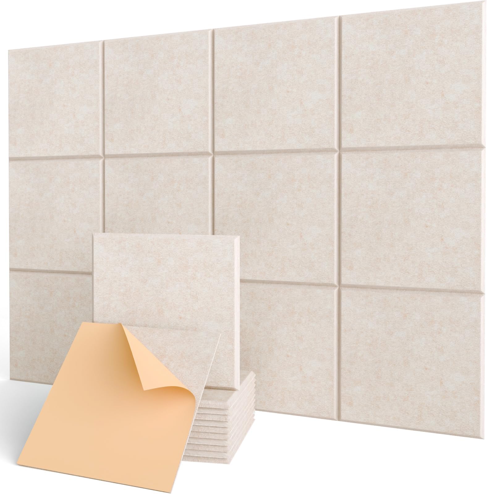 Acoustic Wall Panels Self-Adhesive, 12 Pcs Sound Absorbing Panels for Studio, Bedroom, Living Room, Office, Gaming, Ceiling, Door Acoustic Treatment, Beige, 12" X 12" X 0.4"