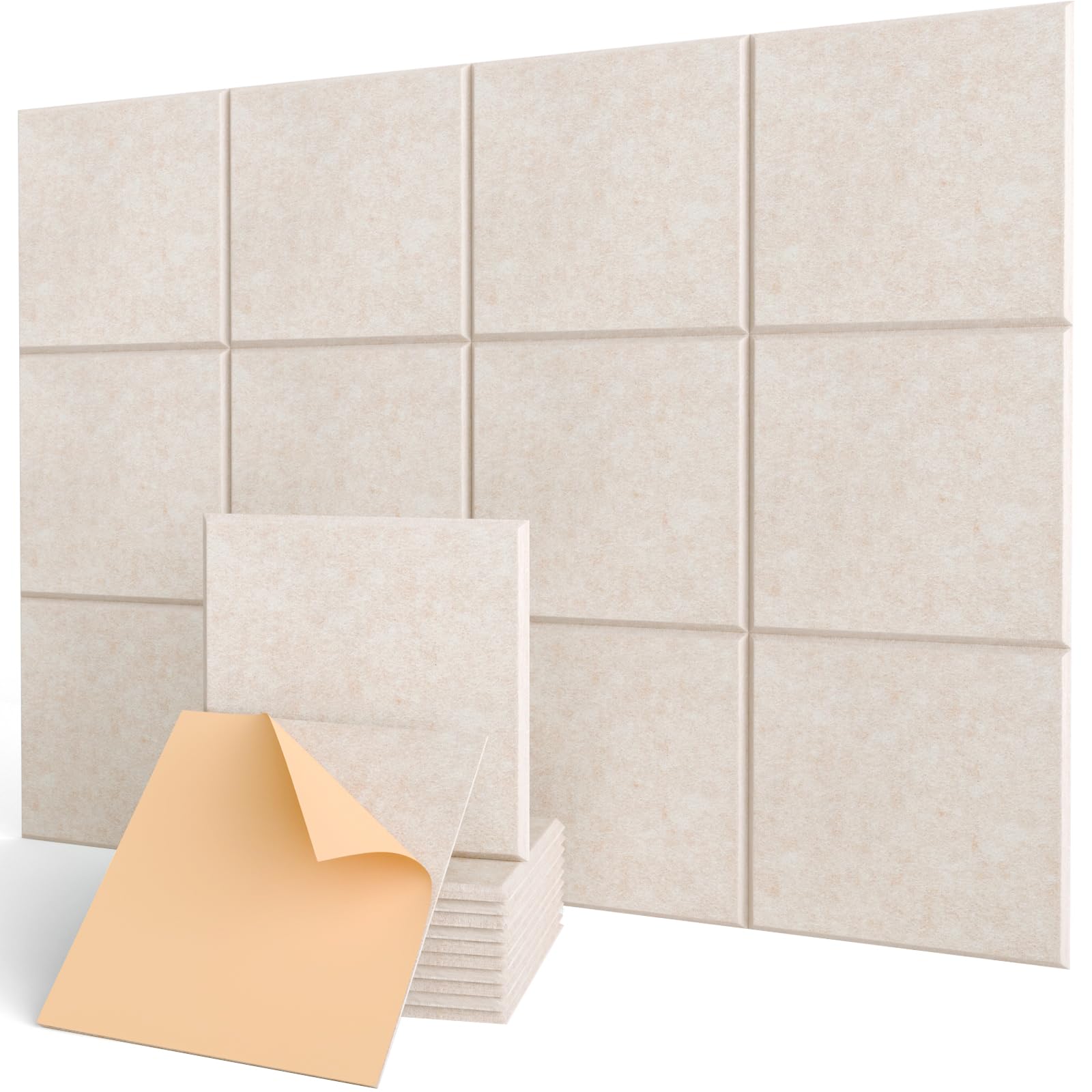 Acoustic Wall Panels Self-Adhesive, 12 Pcs Sound Absorbing Panels for Studio, Bedroom, Living Room, Office, Gaming, Ceiling, Door Acoustic Treatment, Beige, 12" X 12" X 0.4"