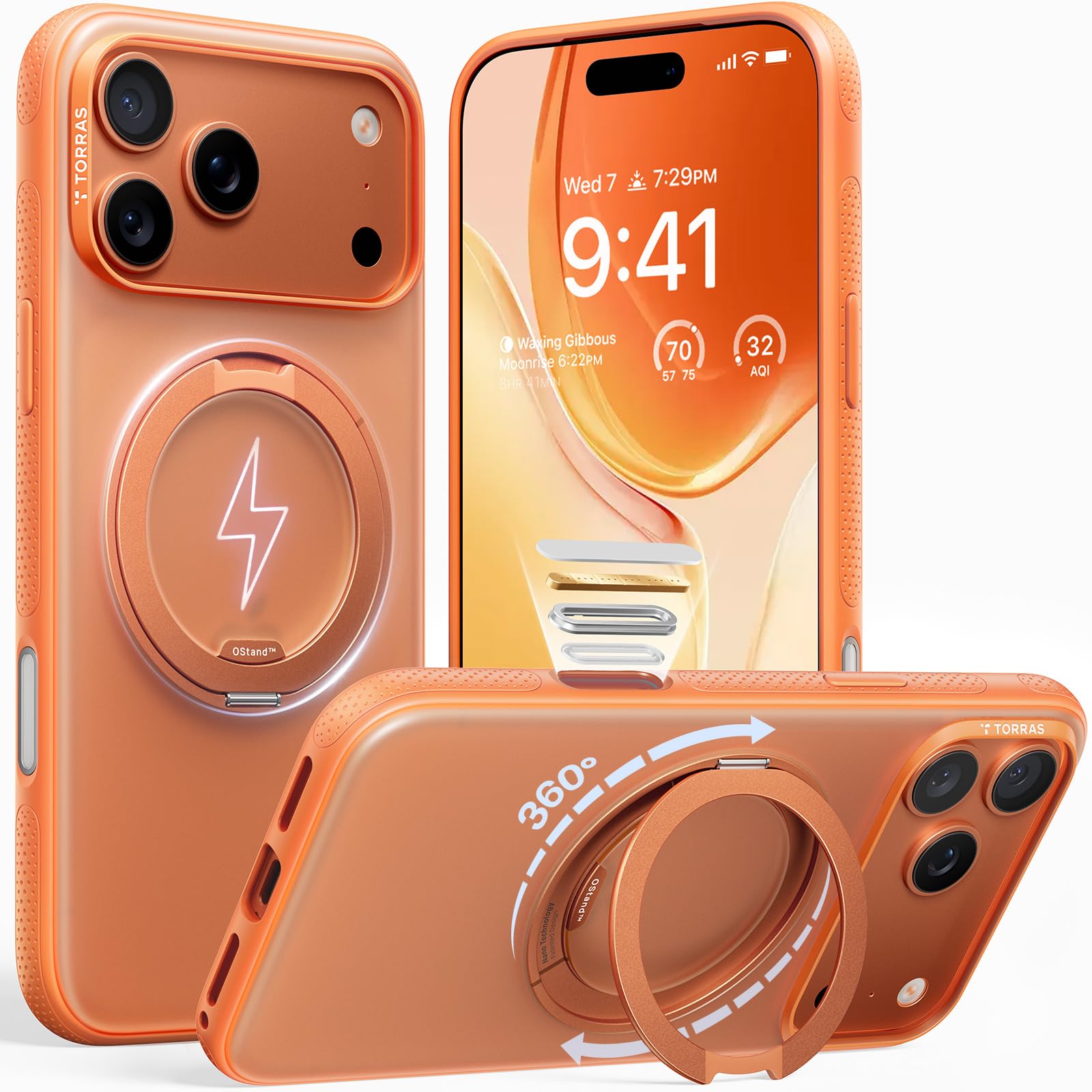 TORRAS 360° Ostand O3 Fitness für iPhone 17 Pro Hülle - Flexibler Magnetischer Ständer, Militärischer Schutz, Kompatibel mit MagSafe Hülle iPhone 17 Pro Case Dünne Griffige Kratzfest Orange