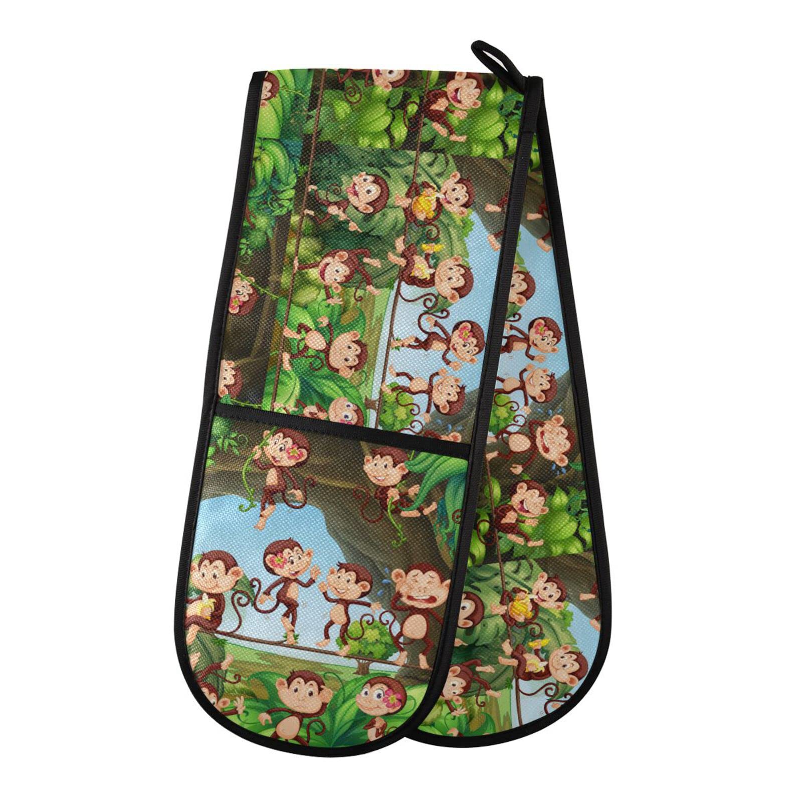 Double Oven Glove Cartoon Cute Monkey Heat Resistant Double Ovens Mitt Modern Cooking Gloves Potholders