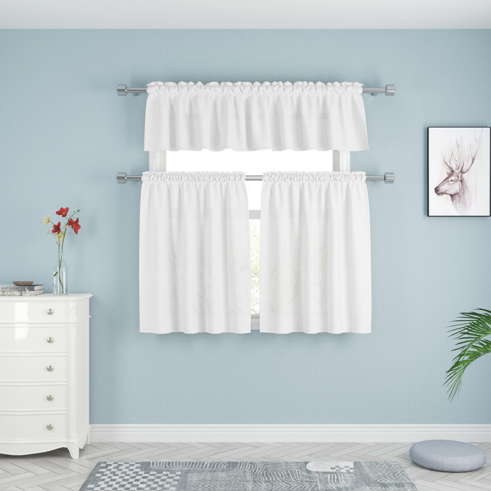 UPOPO Lot de 3 rideaux à étages et cantonnière de cuisine à texture lin texturé pour caravane, petit rideau de salle de bain, rideaux de café, sous-sol, passe-tringle, 137,2 x 45,7 cm/68,6 x 76,2 cm