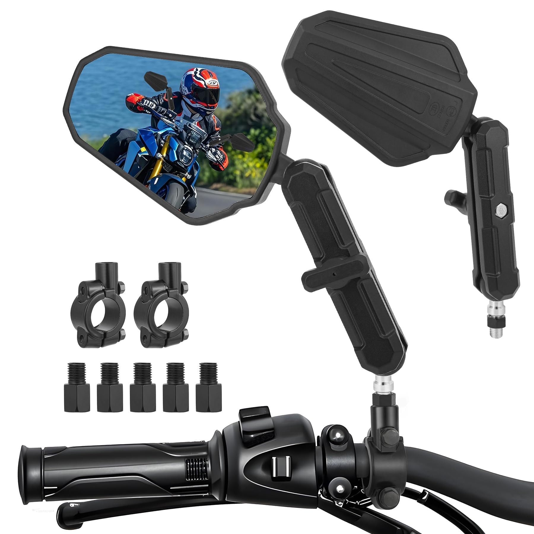 Specchietto Moto DREAMIZER Adventure Omologato E24 - Pieghevole 360&deg;, Per Manubrio 22mm, M8/M10