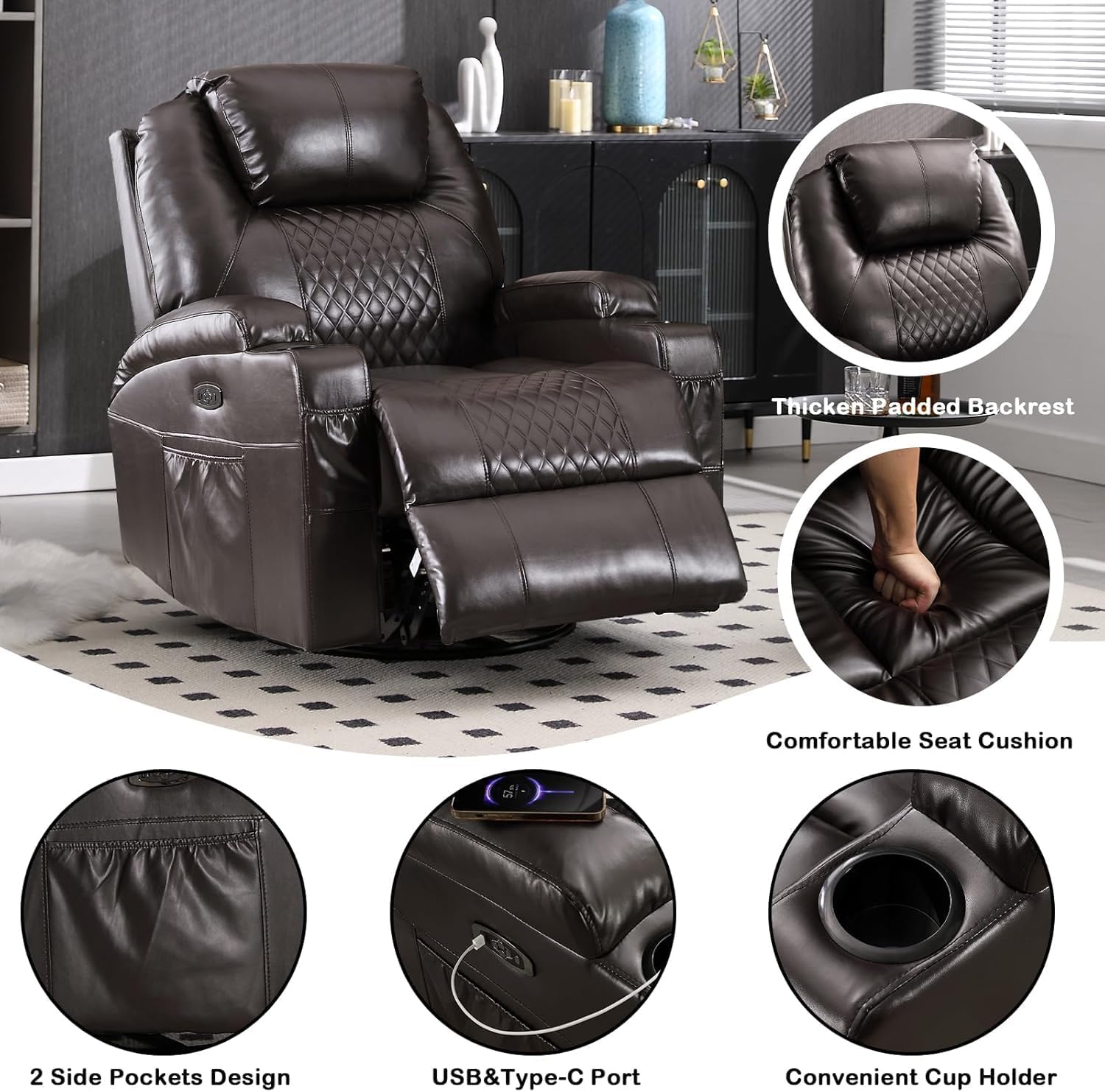 Power Swivel Rocker Recliner Chair for Adults - Rocking Recliner with Heat and Massage/Cup Holder/LED Lights/USB-A & USB-C Ports/Side Pocket for Living Room (PU Brown, 1-Seater)