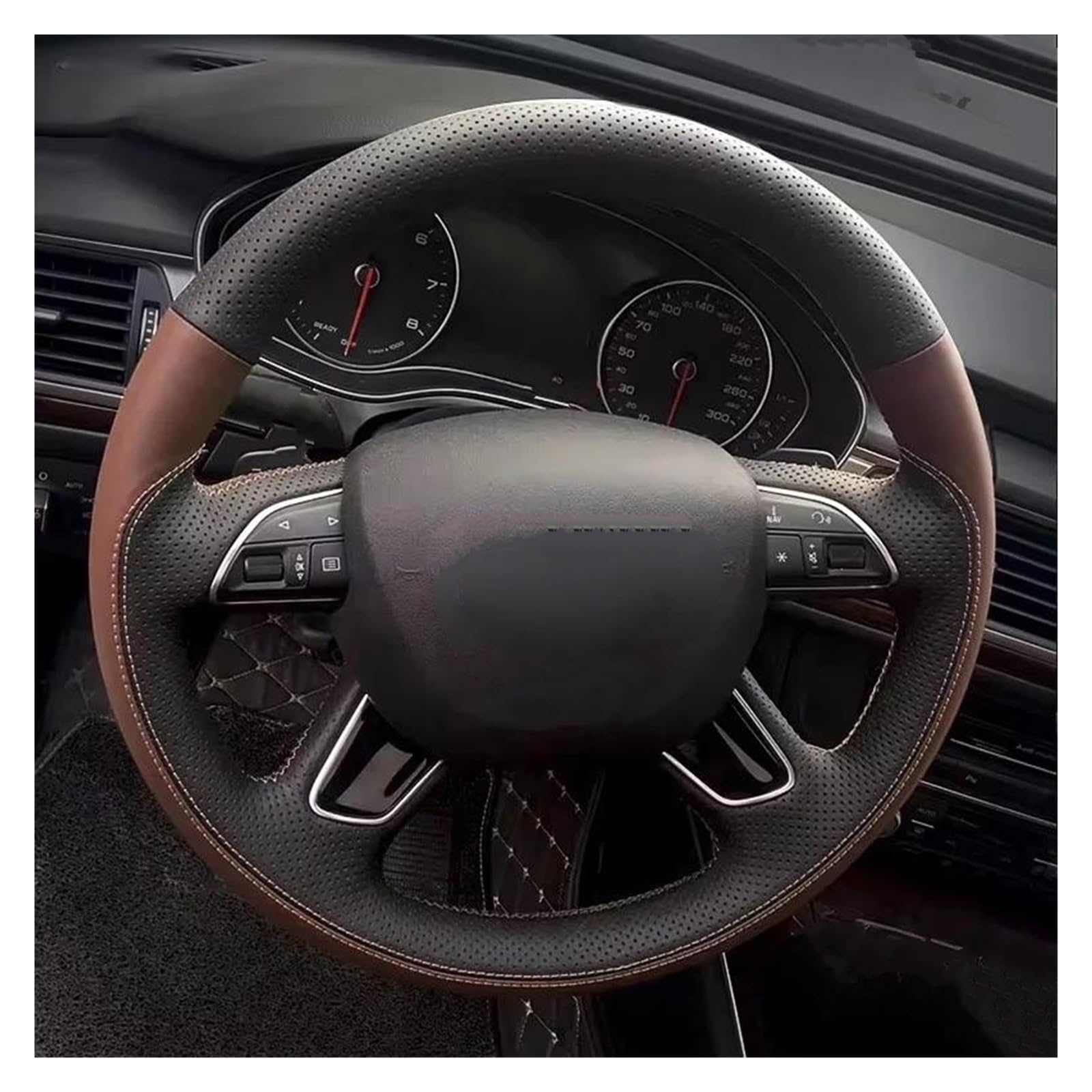 Cubierta Volante Coche para A3 A4 2013-2018 A6 2005-2018 Q3 2012-2018 Q5 Q7 2013-2018 Funda de Volante de Coche de Cuero marrón Negro Cosida a Mano(Negro)