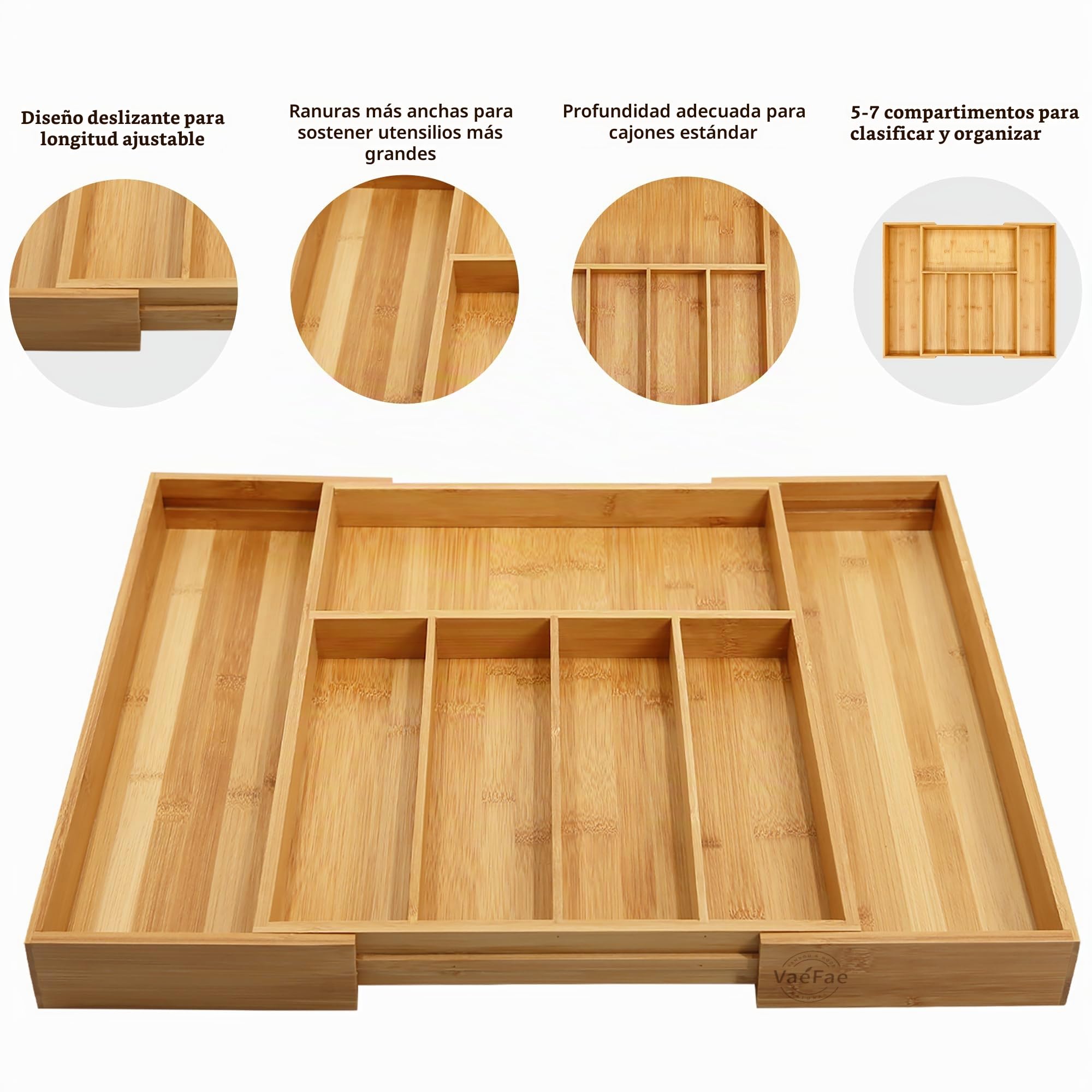 VaeFae Organizador de Cubiertos de bambú, Bandeja de Cubiertos Extensible para Cajón de Cocina, Organizador de Cajones de Madera para Utensilios de Cocina y Cubiertos (5-7 Compartimentos)